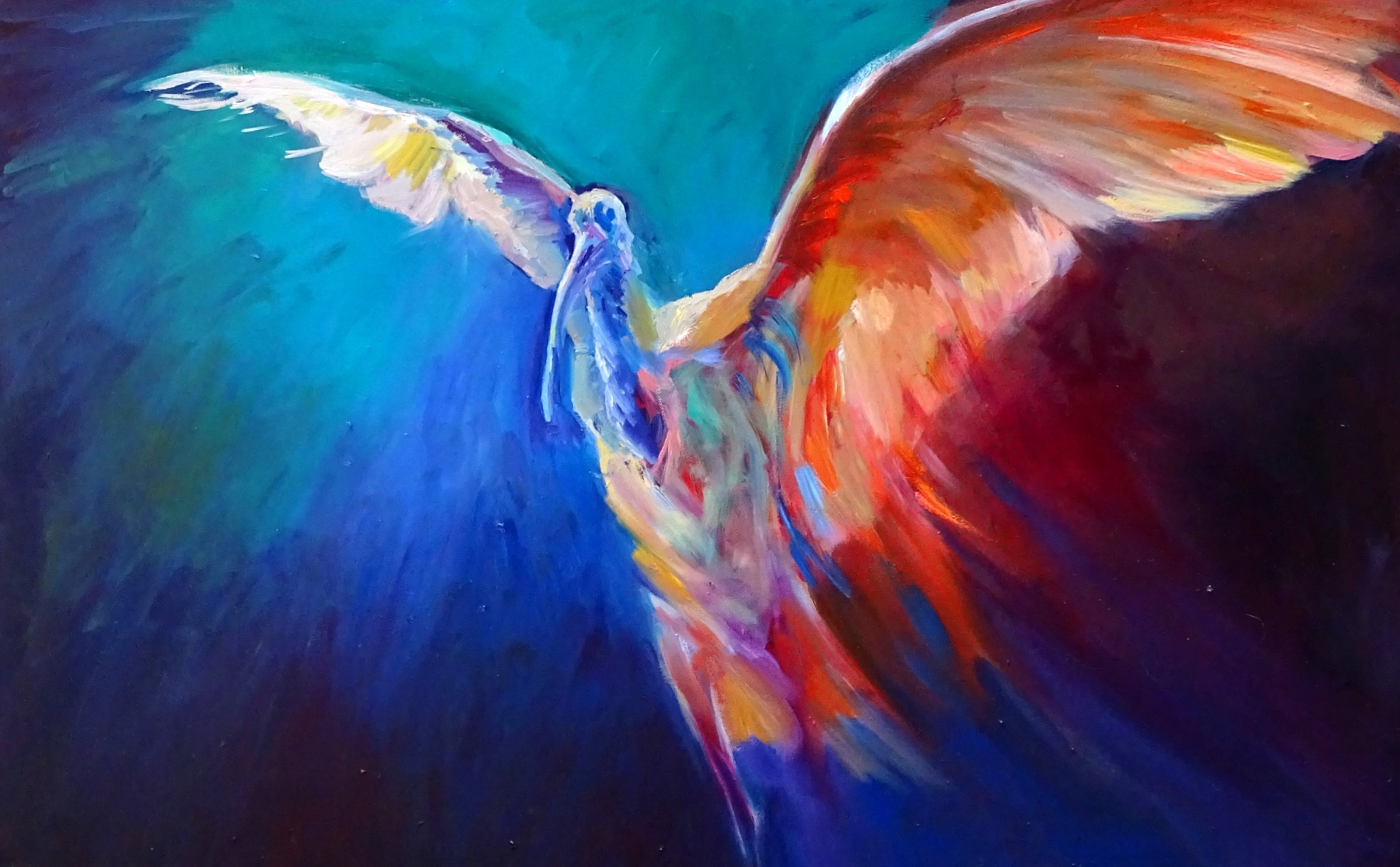 Colorful abstract painting of a winged figure on a white background