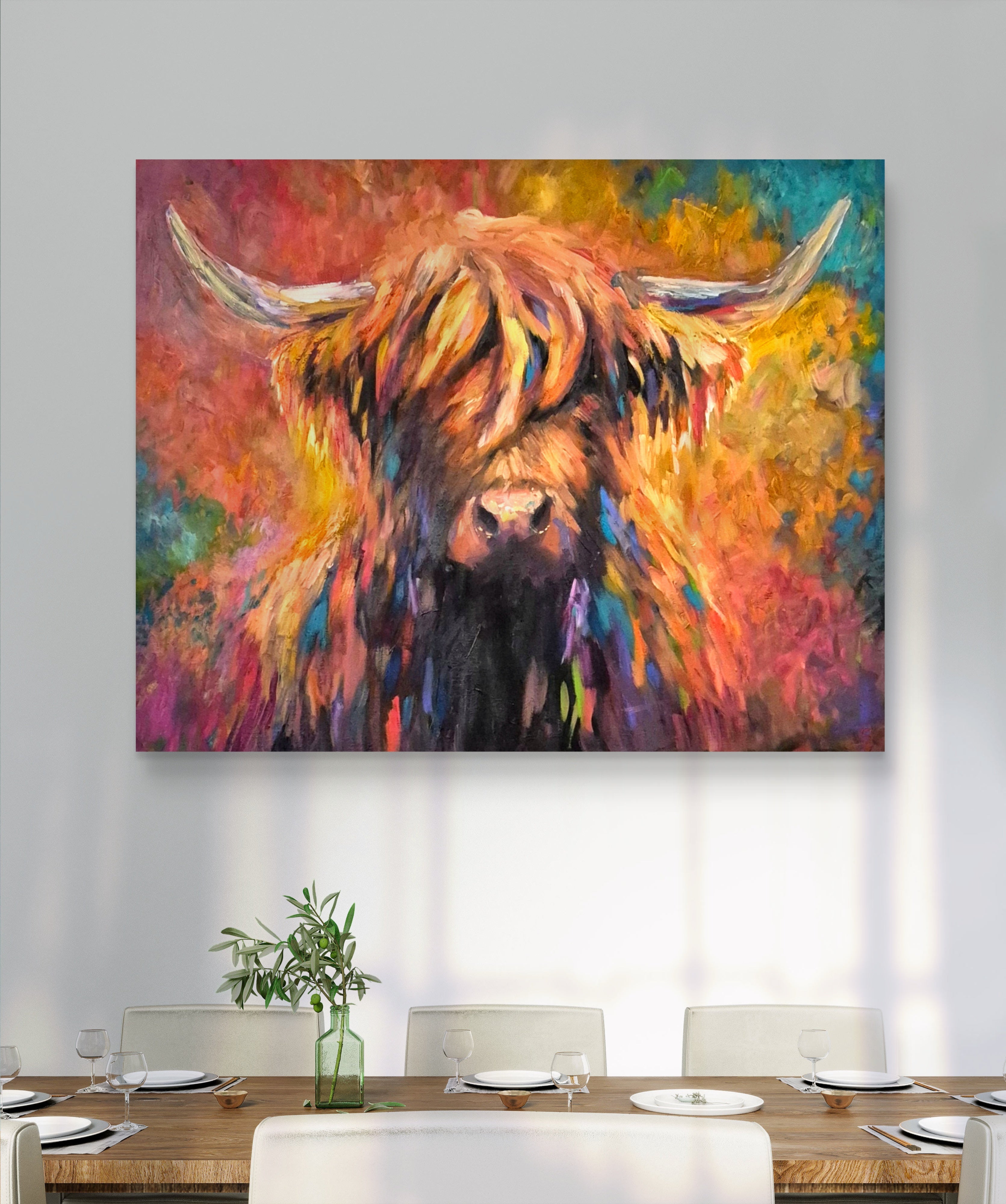 'Aviemore' Original Highland Cow Oil Painting 40 x 28"/76 x 100 cm - Animal Art by Susan Gardner - Contemporary Expressionist - Colourful Fine Art