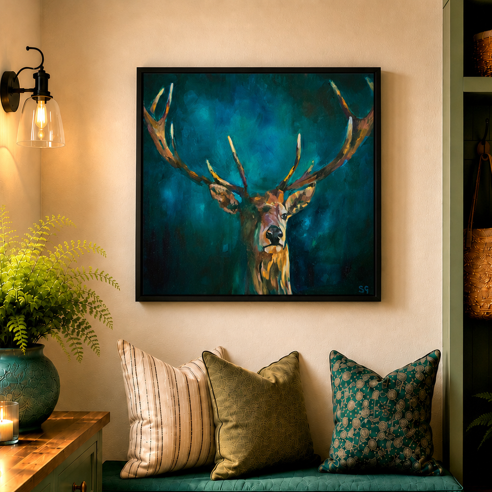Ink Blue Stag - Deer Wall Art Framed Canvas Print