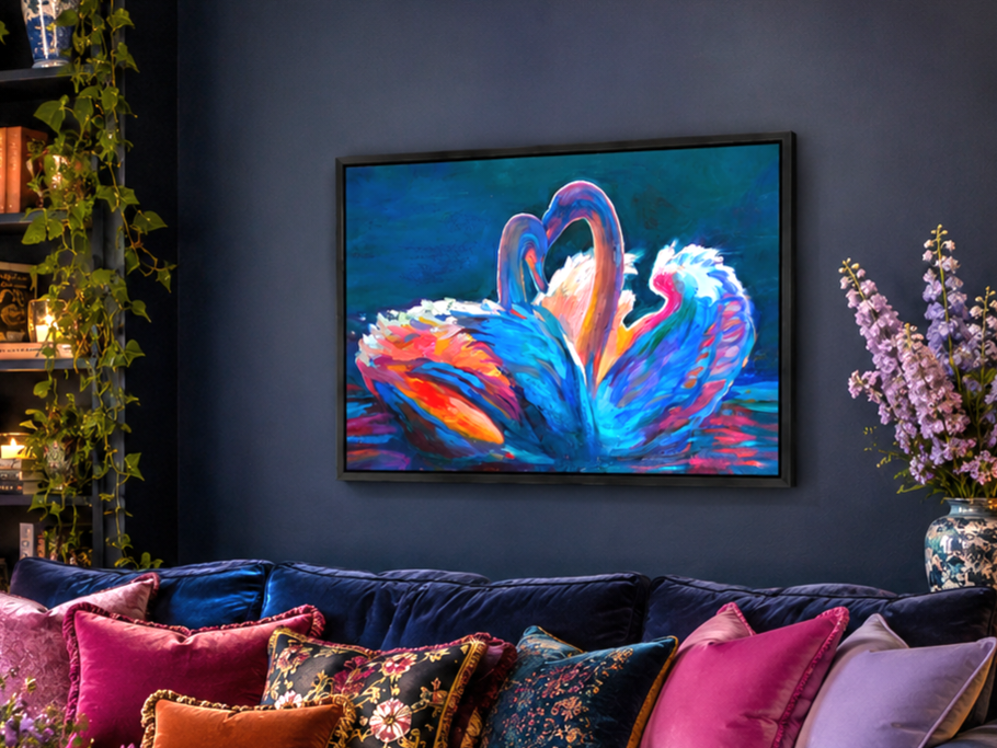 Celestial Swans Framed Canvas - Susan Gardner Uk Wildlife Art - Leicestershire UK