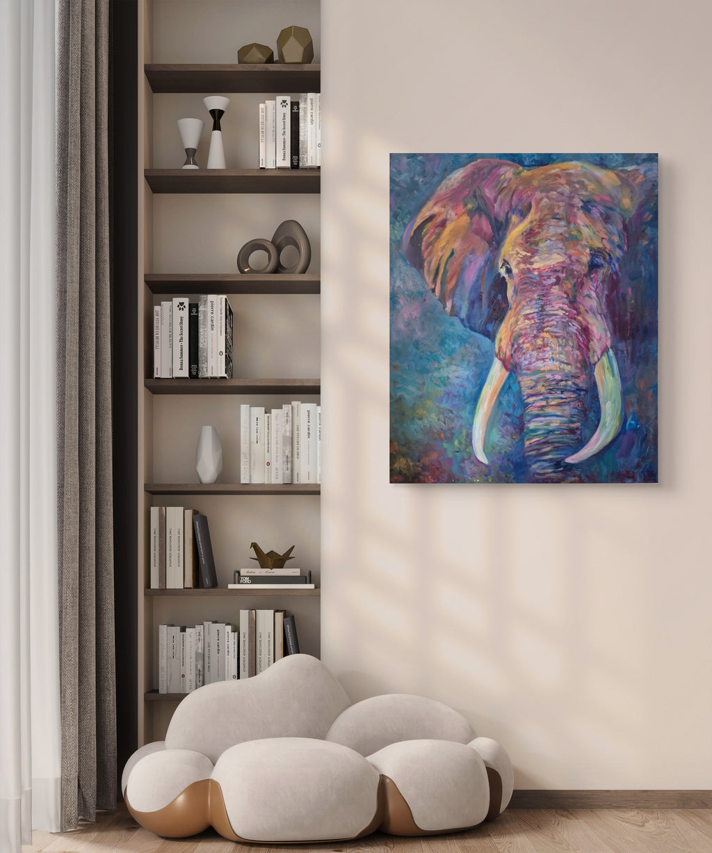 'Wise Eyes' Original Elephant Oil Painting 40 x 30"/80 x 100 cm - Animal Art by Susan Gardner - Contemporary Expressionist - Colourful Fine Art