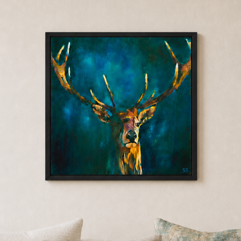 Tintenblauer Hirsch – gerahmte Leinwand