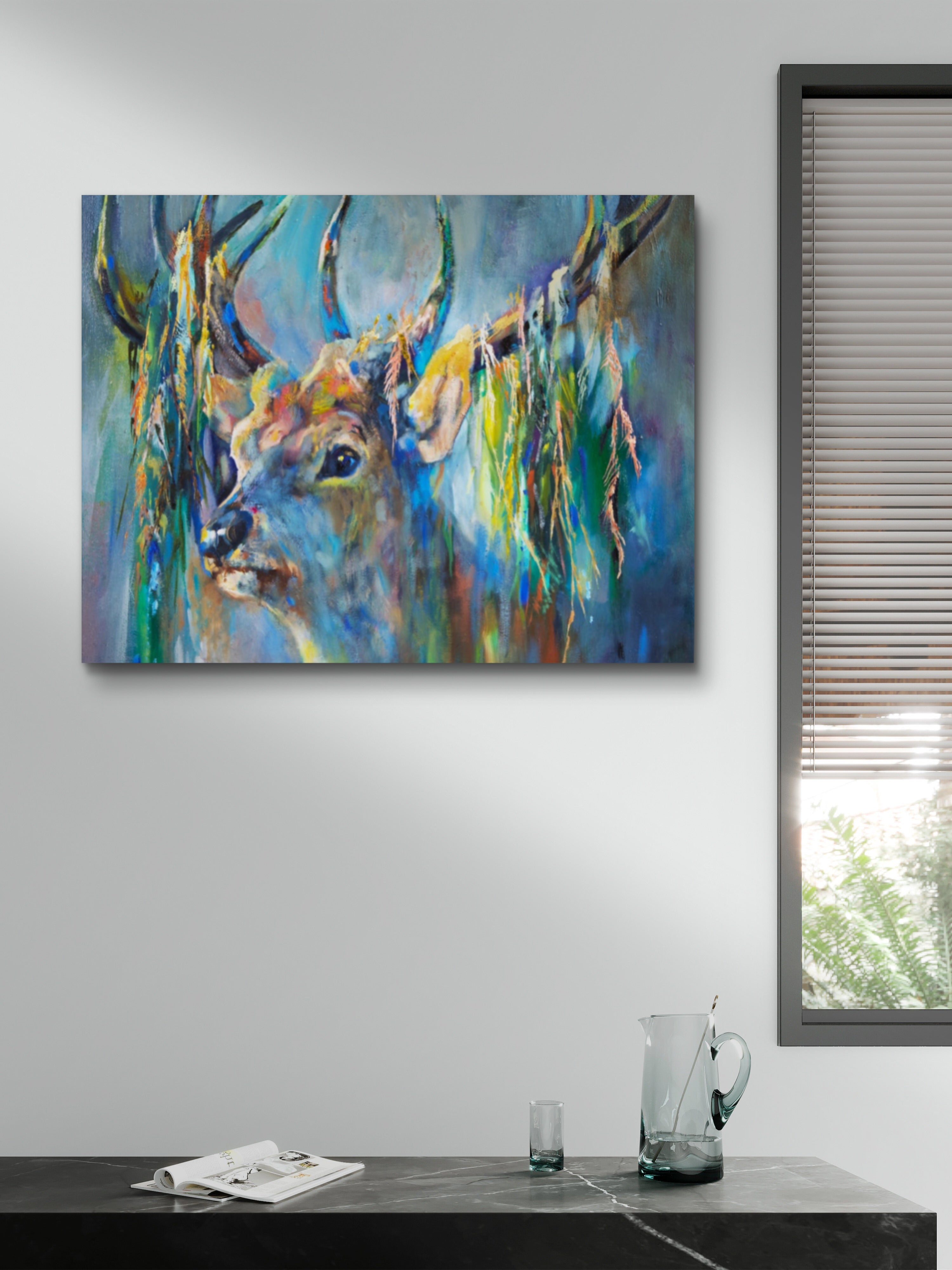 Silver Stag Canvas - Animal Art by Susan Gardner - Contemporary Expressionist - Colourful Fine Art