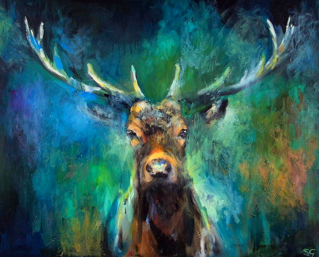 'Forest Guardian' - Original Stag Painting 100 x 80 cm/ 40 x 30" - Animal Art by Susan Gardner - Contemporary Expressionist - Colourful Fine Art
