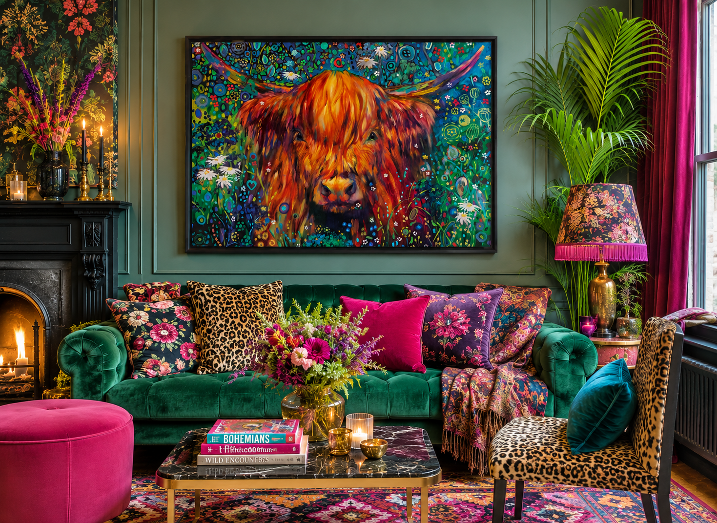 Colorful living room with a painting of a highland cow, floral arrangements, and patterned furniture.
