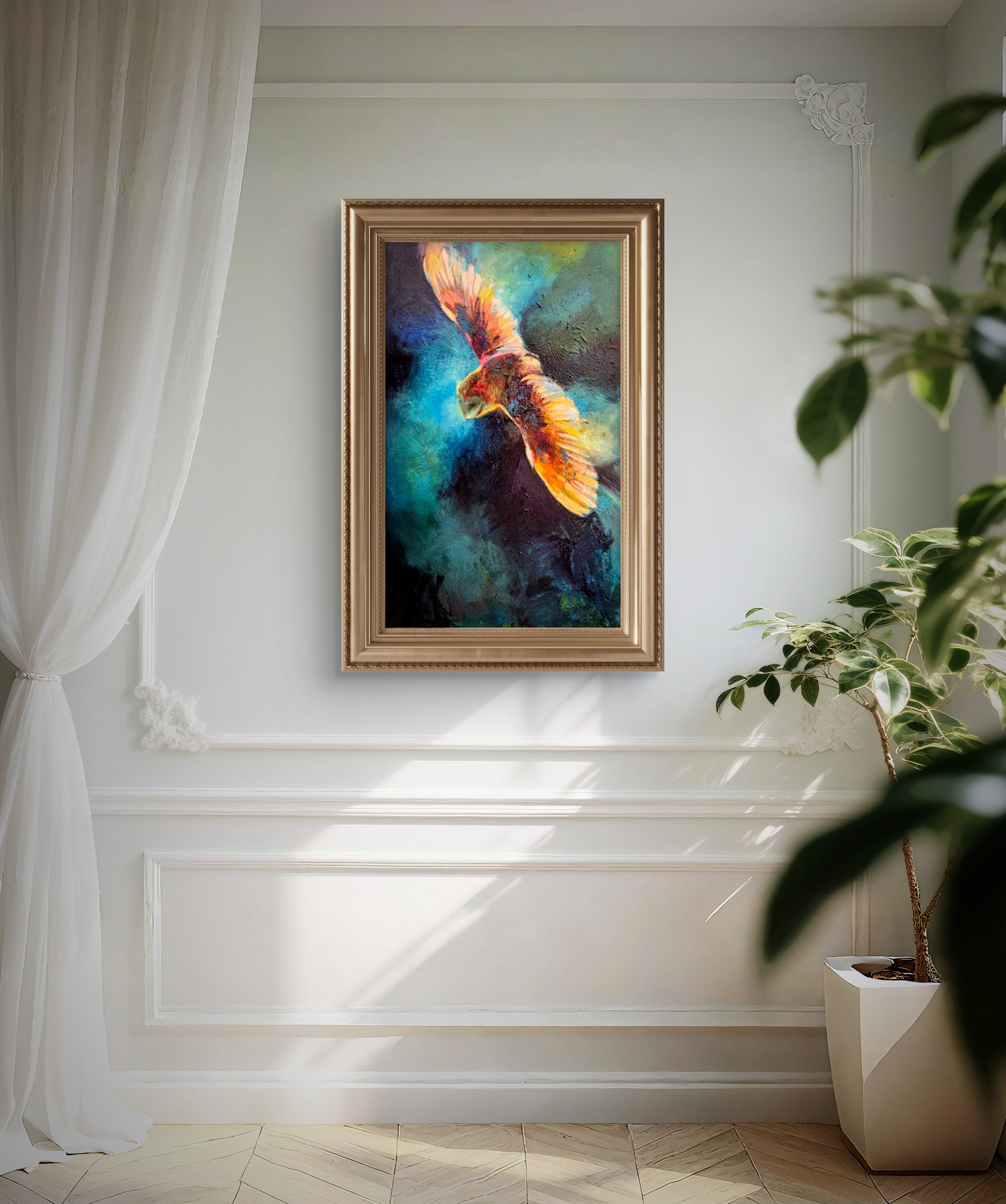 'The Halo of the Gilded Ghost' - 50 x 80 cm/20 x 24" - Original Barn Owl Oil Painting - Animal Art by Susan Gardner - Contemporary Expressionist - Colourful Fine Art