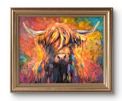 Framed painting of a colorful highland cow on a white background