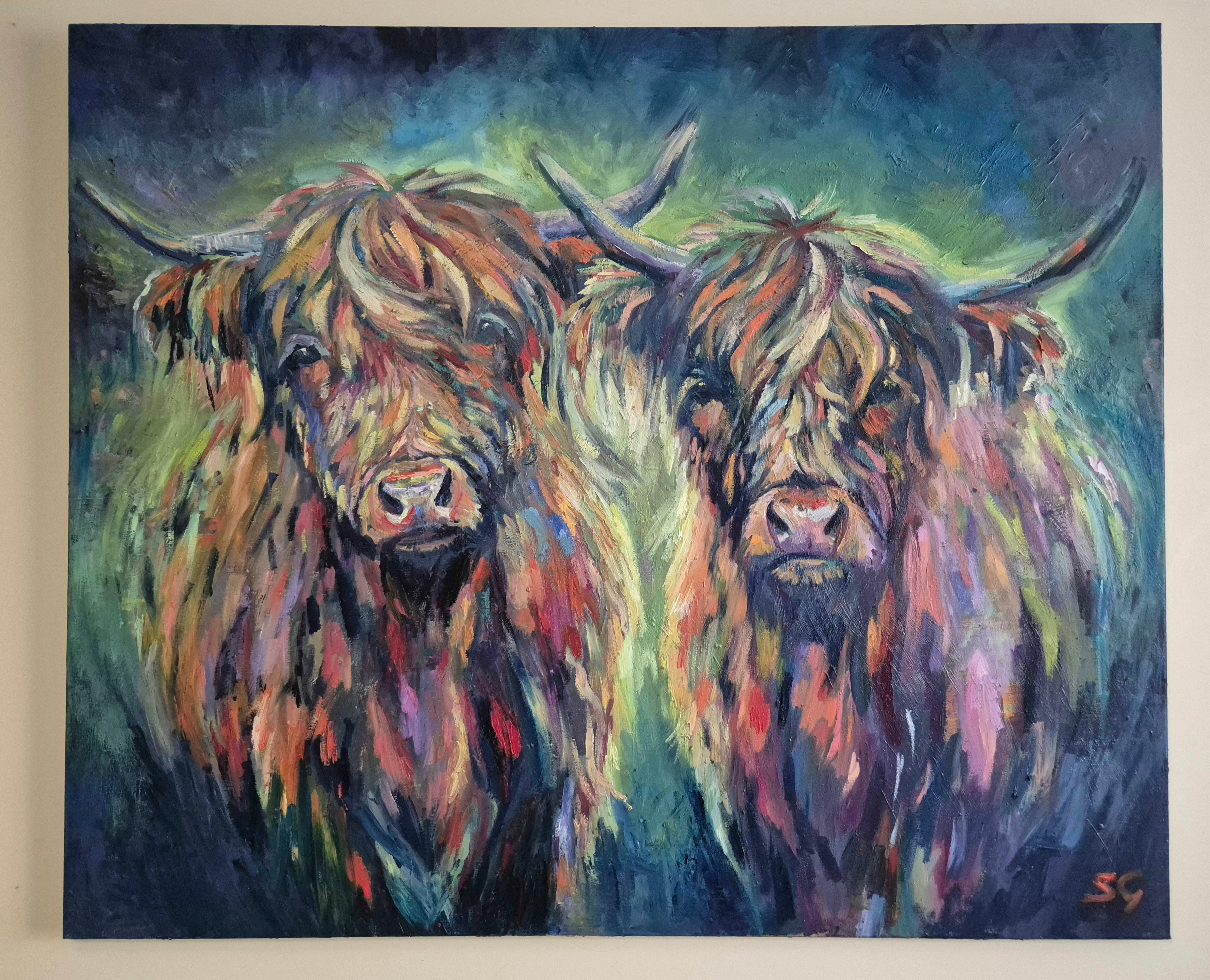 Das Dream Team – Original Highland Cows Ölgemälde 120 x 100 cm