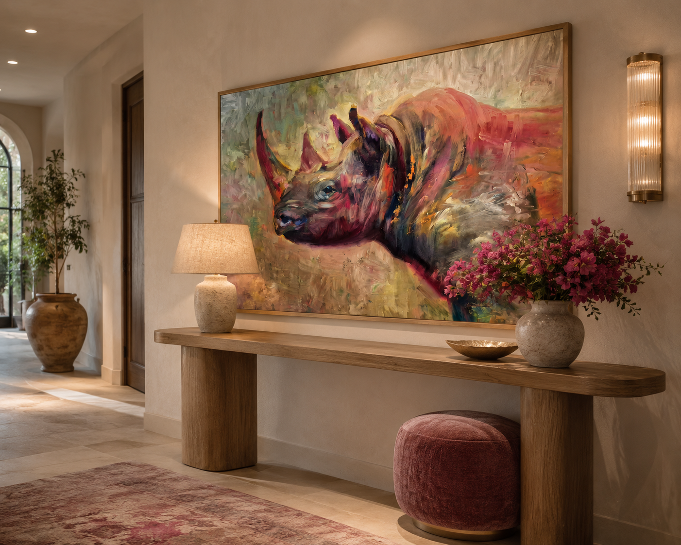 Decorative interior with a large painting of a rhino, wooden console table, and floral arrangement.