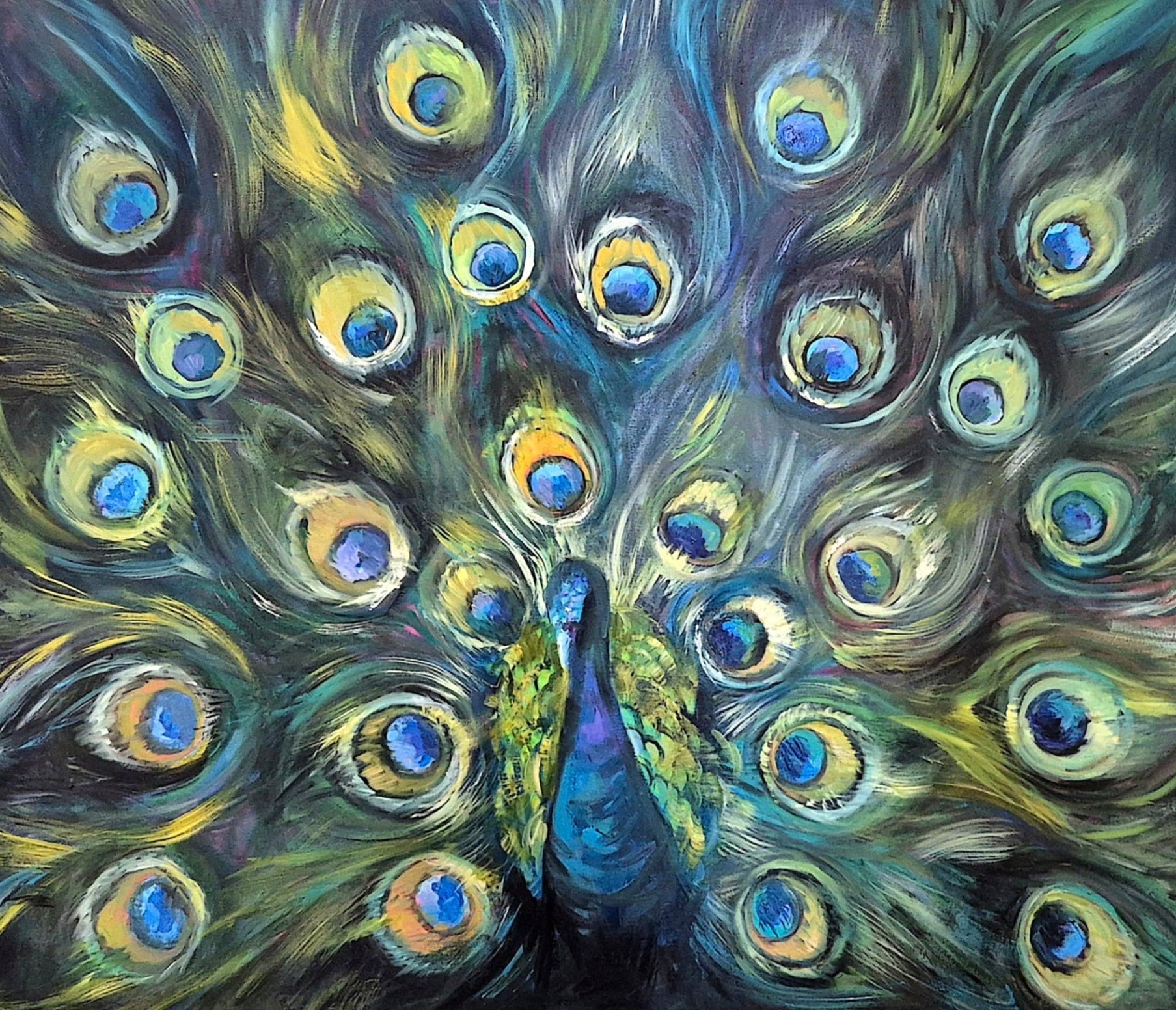 Artistic depiction of a peacock with vibrant feathers on a white background