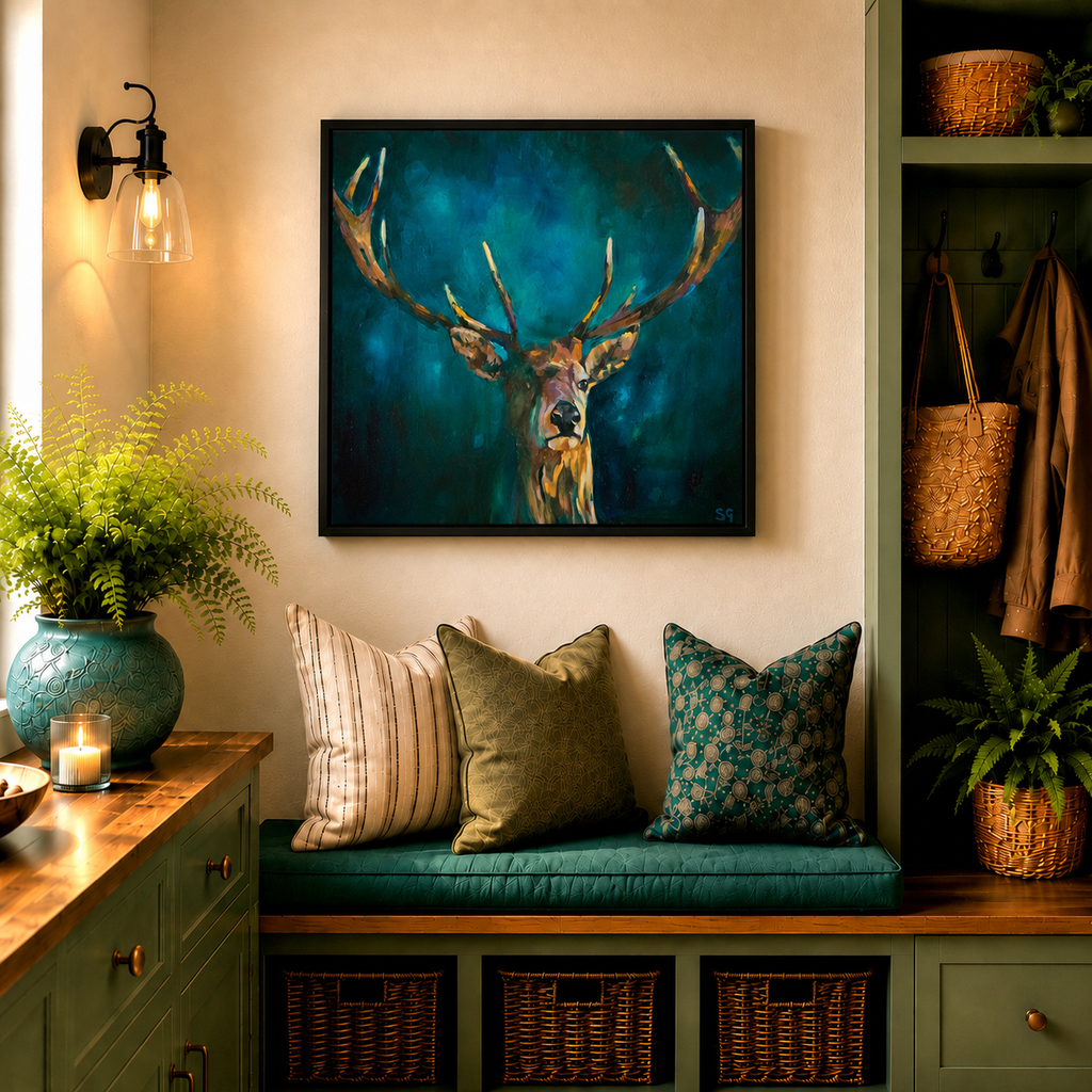 Ink Blue Stag - Deer Wall Art Framed Canvas Print