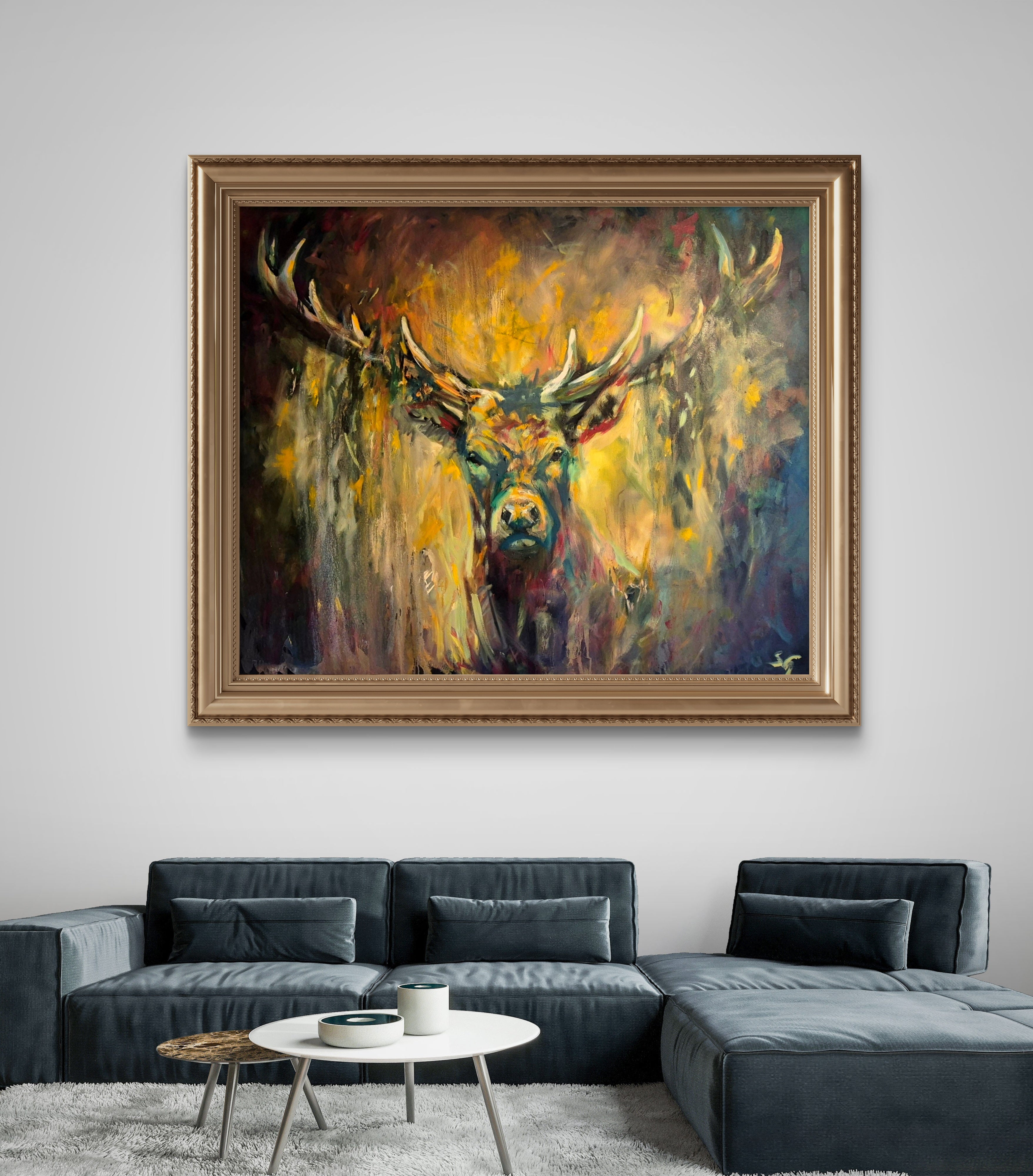'Undefeated' Original Red Deer Stag Oil Painting. 120 x 150 cm/48 x 60" - Animal Art by Susan Gardner - Contemporary Expressionist - Colourful Fine Art