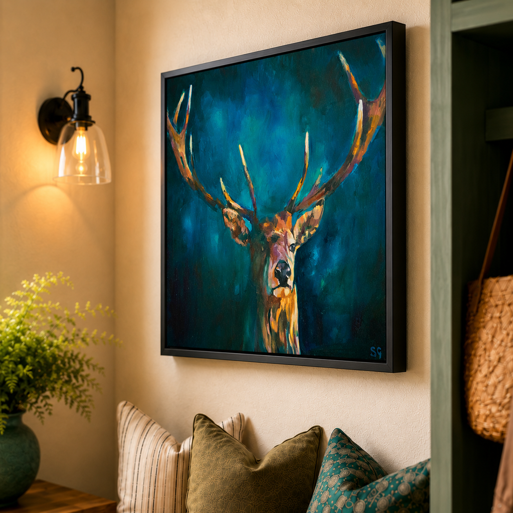 Ink Blue Stag - Deer Wall Art Framed Canvas Print