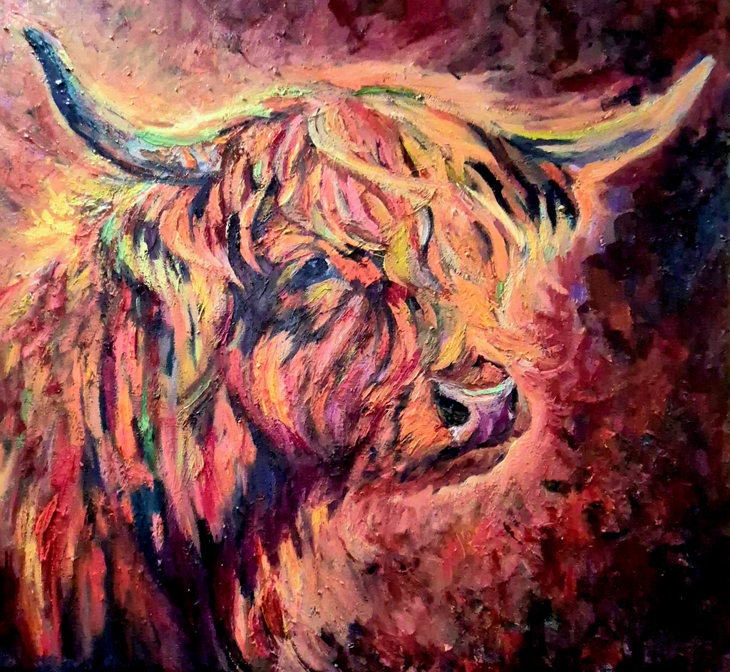 'Sunset at Braemar' - Original Highland Cow Oil Painting-60 x60 cm \ 24 x 24" - Animal Art by Susan Gardner - Contemporary Expressionist - Colourful Fine Art