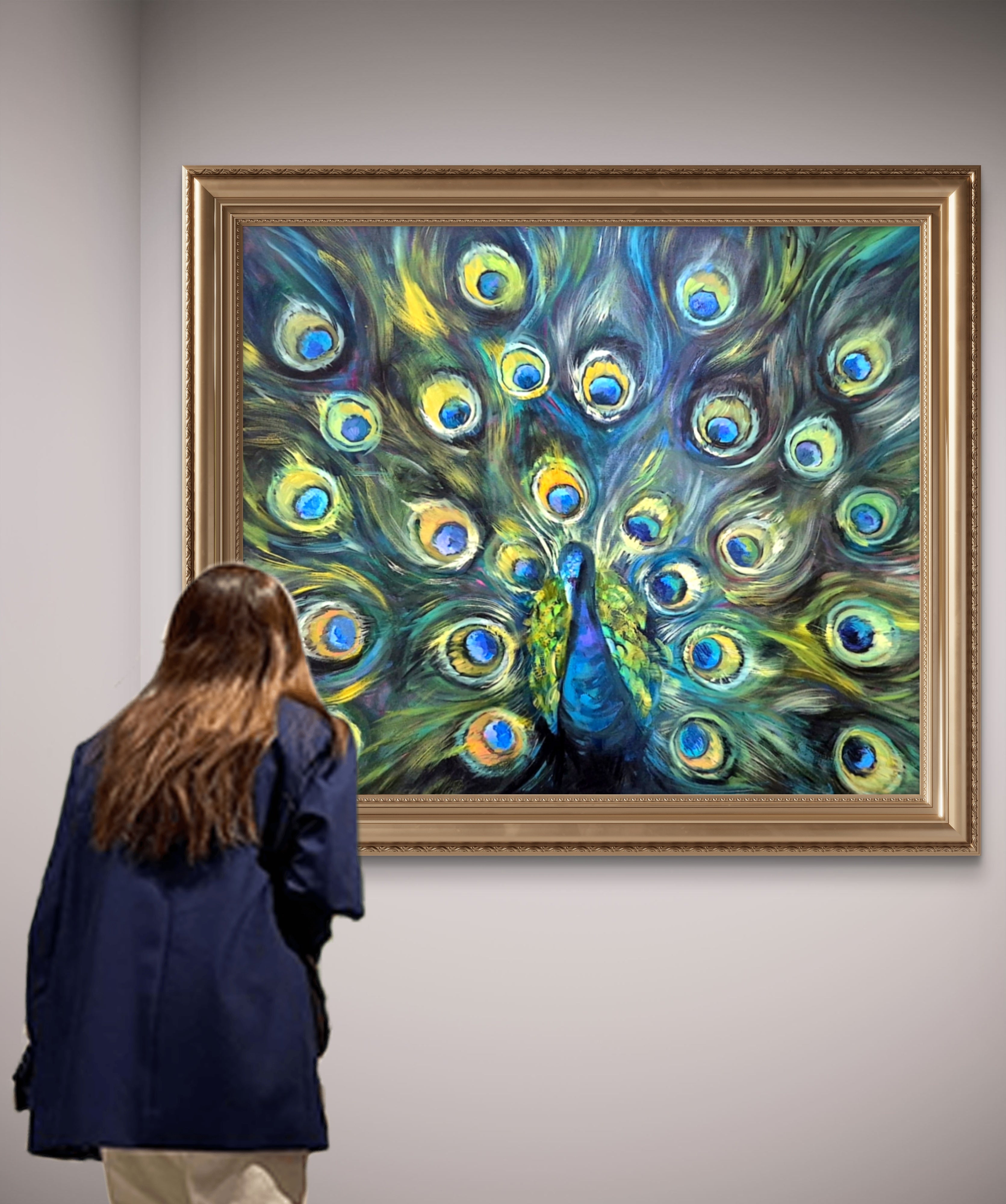 'Sapphire Dandy' - Original Peacock Oil Painting - 100 x 130 cm/ 40 x 44" - Animal Art by Susan Gardner - Contemporary Expressionist - Colourful Fine Art