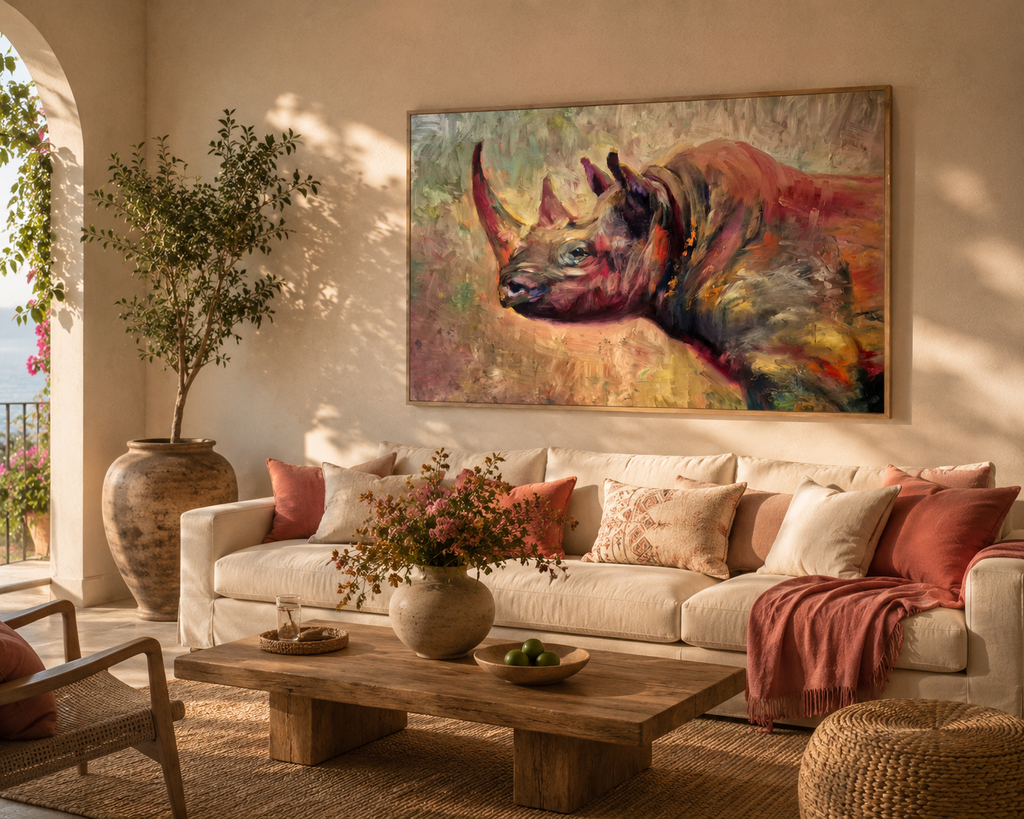 Living room with a colorful rhino painting on the wall, beige sofa, wooden coffee table, and decorative elements.