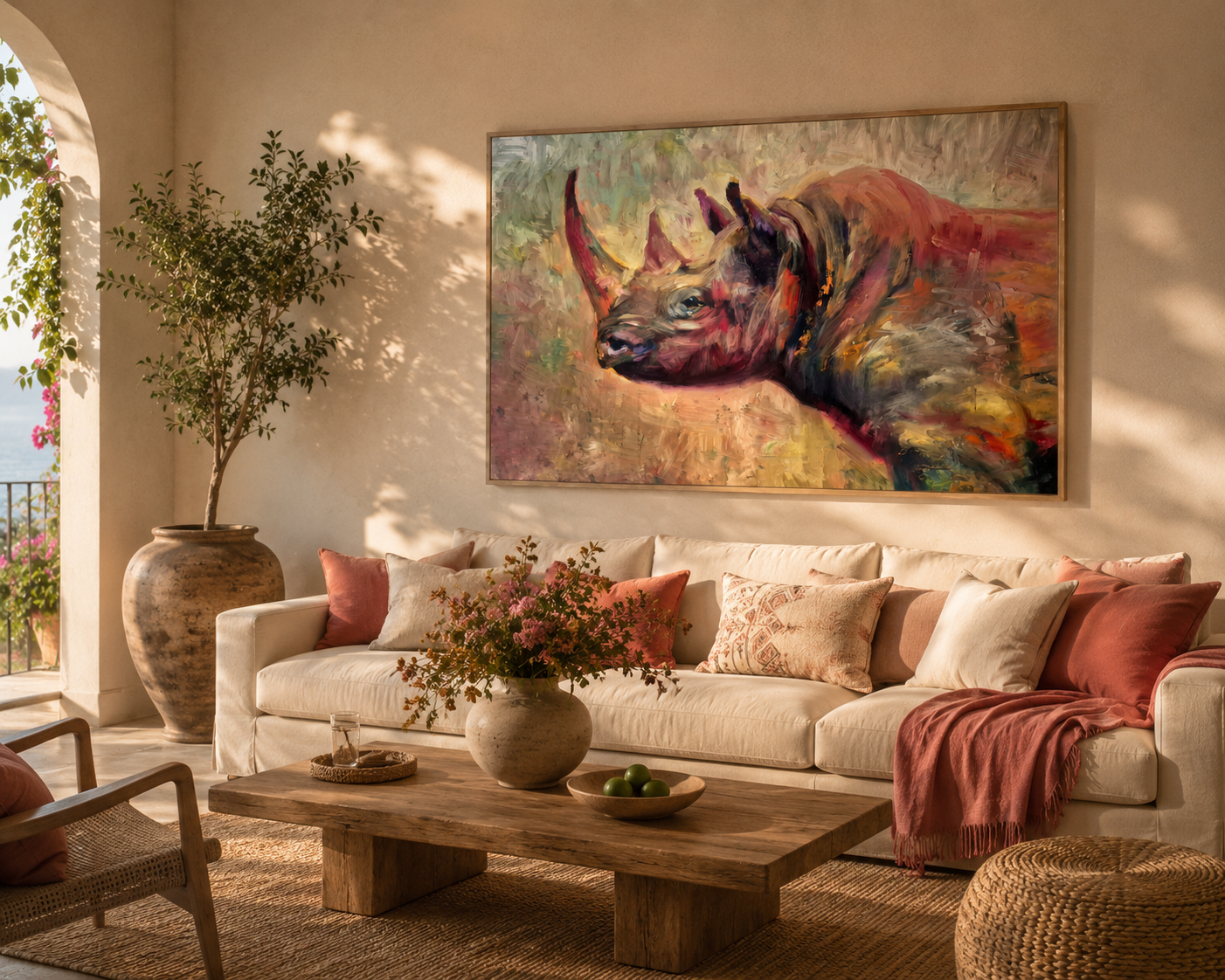 Living room with a colorful rhino painting on the wall, beige sofa, wooden coffee table, and decorative elements.