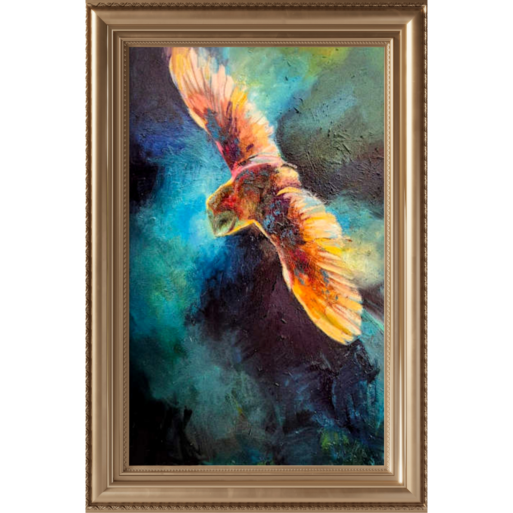 'The Halo of the Gilded Ghost' - 50 x 80 cm/20 x 24" - Original Barn Owl Oil Painting - Animal Art by Susan Gardner - Contemporary Expressionist - Colourful Fine Art