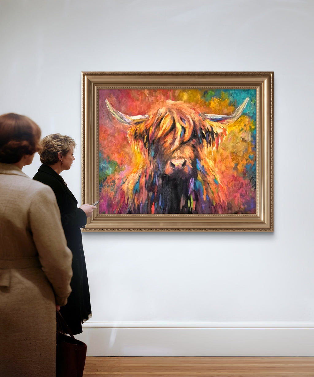 'Aviemore' Original Highland Cow Oil Painting 40 x 28"/76 x 100 cm - Animal Art by Susan Gardner - Contemporary Expressionist - Colourful Fine Art
