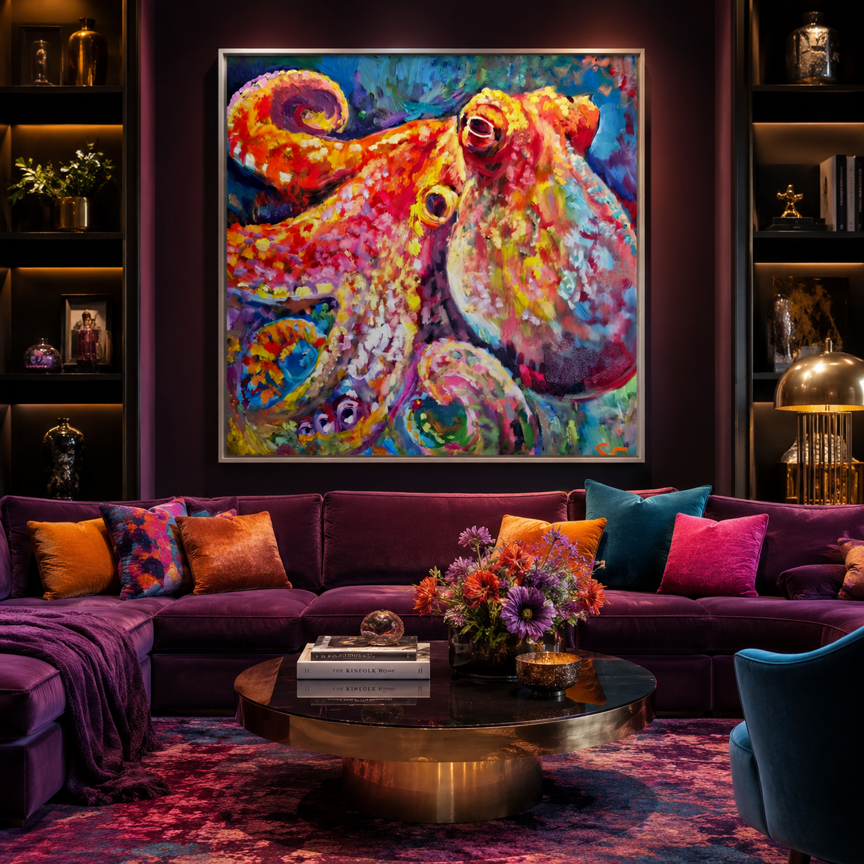 Colorful octopus painting above a purple sofa in a stylish living room.