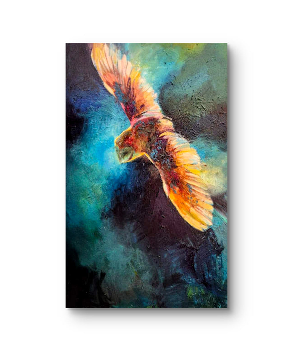 'The Halo of the Gilded Ghost' - 50 x 80 cm/20 x 24" - Original Barn Owl Oil Painting - Animal Art by Susan Gardner - Contemporary Expressionist - Colourful Fine Art