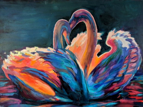 'Celestial Swans' Oil Painting - 80 x 100 cm/30 x 40 " - Animal Art by Susan Gardner - Contemporary Expressionist - Colourful Fine Art