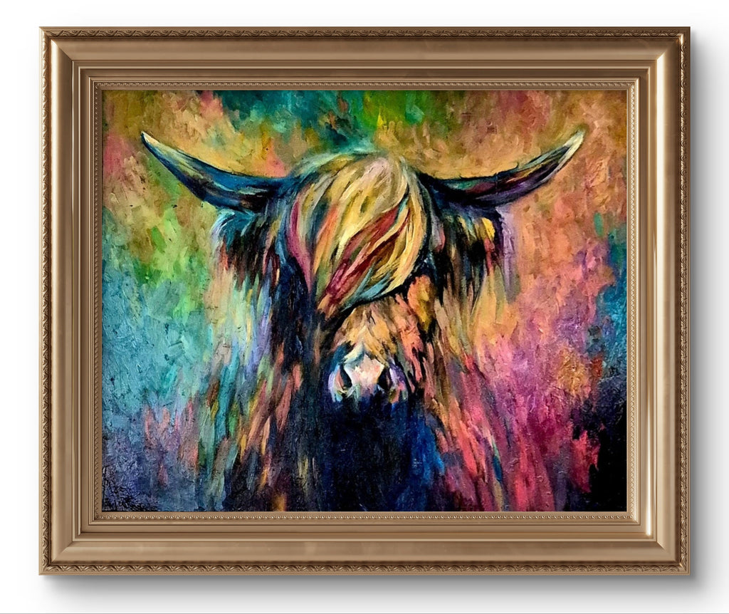 'Ballantine' Original Highland Cow Oil Painting 40 x 30"/80 x 100 cm - Animal Art by Susan Gardner - Contemporary Expressionist - Colourful Fine Art