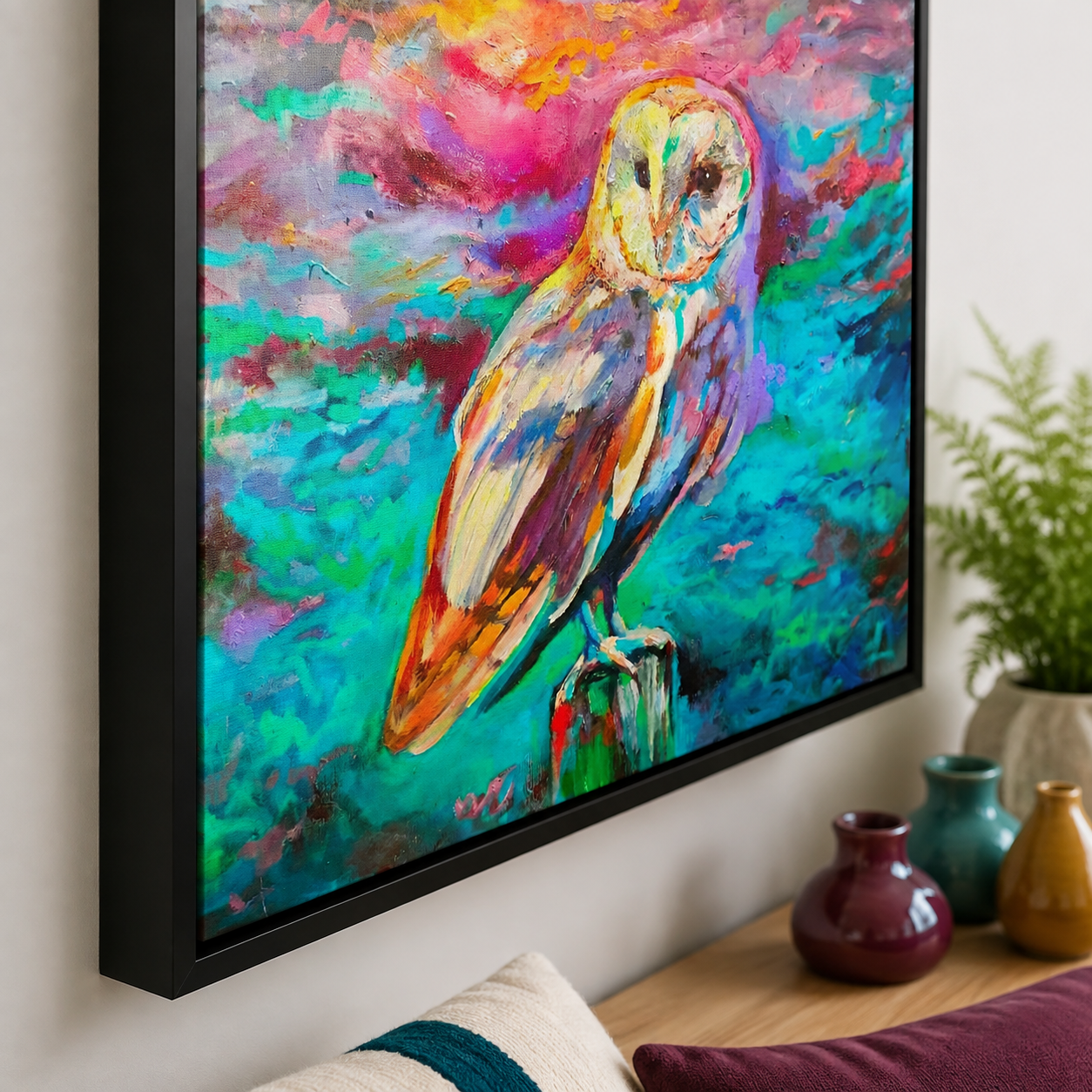 A framed colorful canvas painting of an owl hanging on a light gray wall above a wooden console table with decorative vases and a plant.