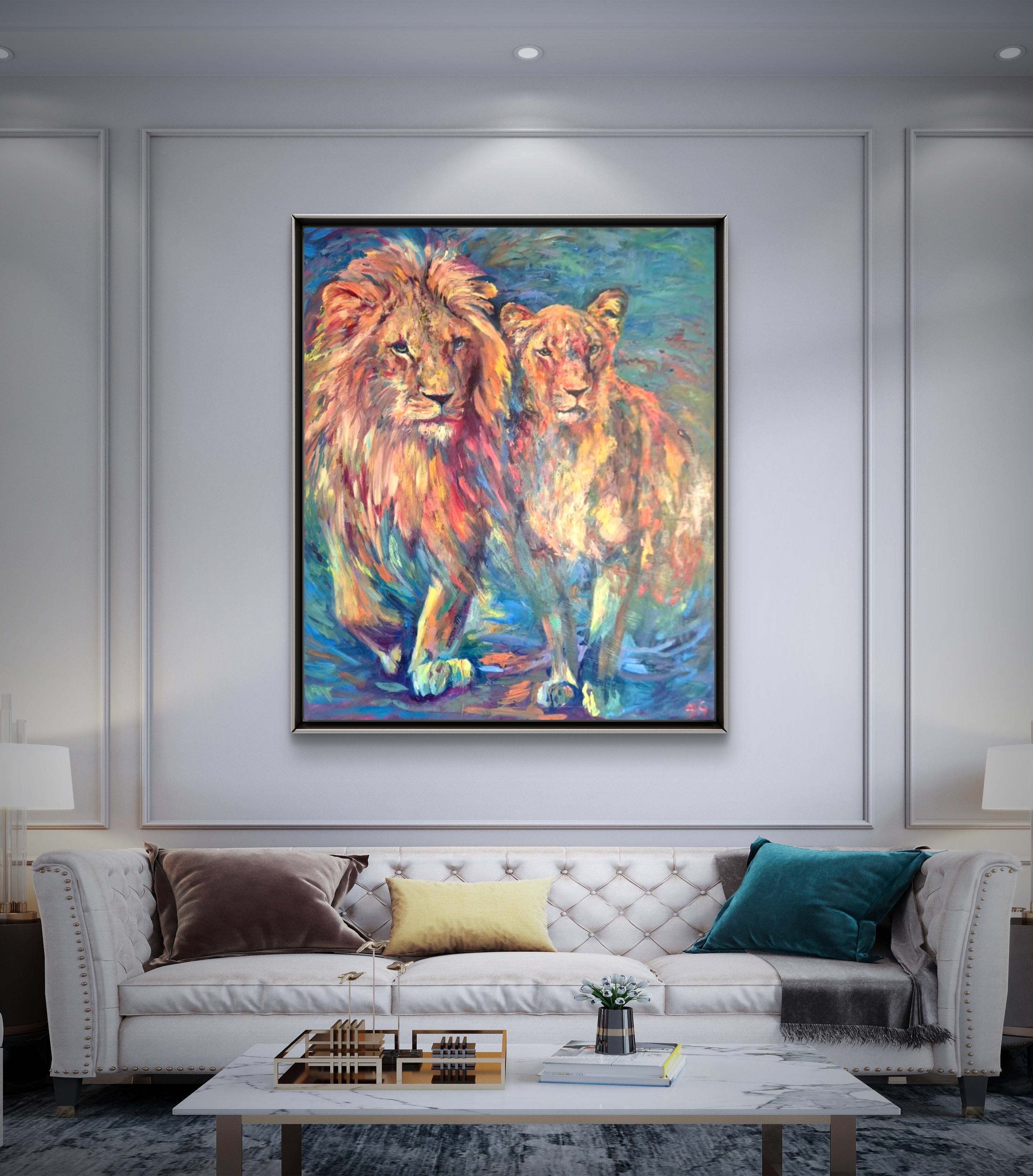 Colorful painting of two lions on a wall above a sofa in a living room.