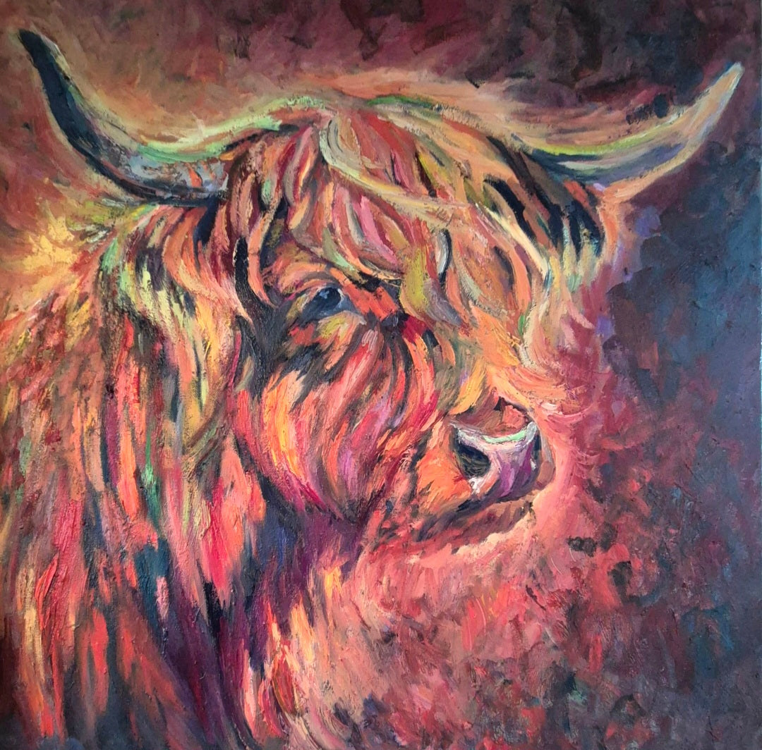SUNSET AT BRAEMAR | Original Highland Cow Oil Painting | 24 x 24 " \ 60 x 60 cm