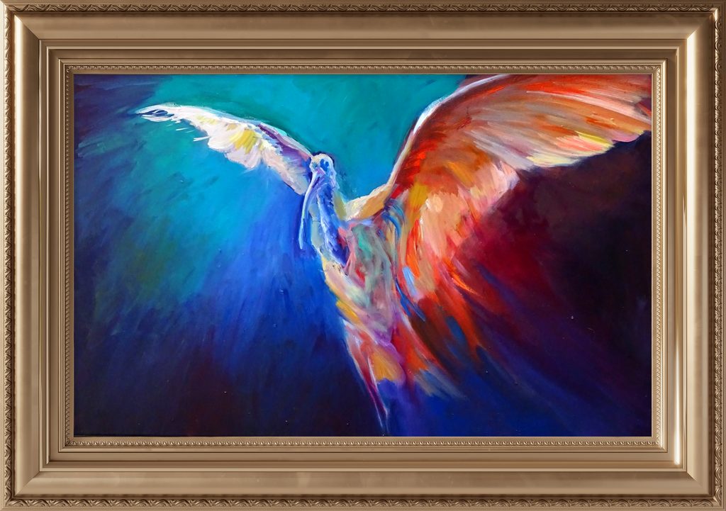 'Wing of Fire' - Scarlet Ibis Oil Painting on Canvas- 50 x 80 cm /20 x 36" - Animal Art by Susan Gardner - Contemporary Expressionist - Colourful Fine Art