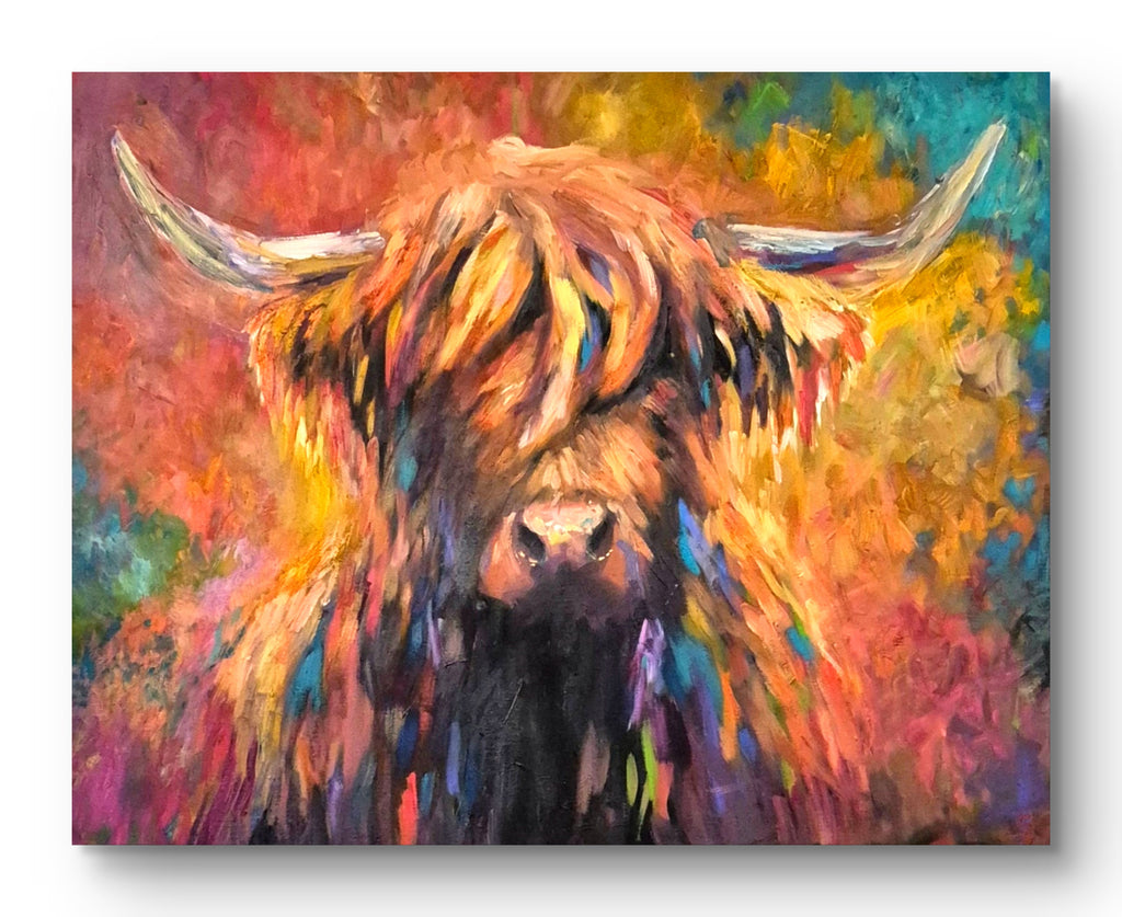 'Aviemore' Original Highland Cow Oil Painting 40 x 28"/76 x 100 cm - Animal Art by Susan Gardner - Contemporary Expressionist - Colourful Fine Art