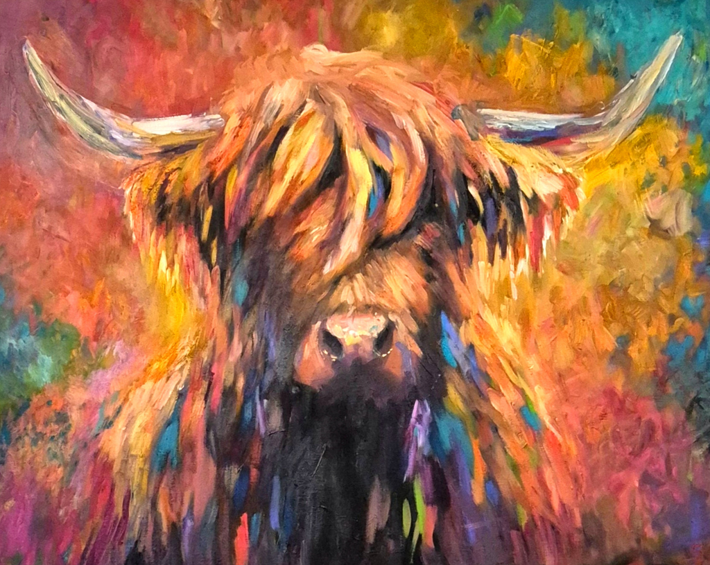 'Aviemore' Original Highland Cow Oil Painting 40 x 28"/76 x 100 cm - Animal Art by Susan Gardner - Contemporary Expressionist - Colourful Fine Art