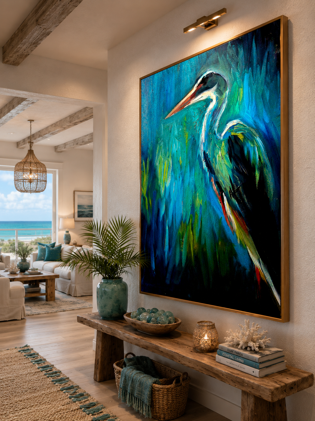 Living room with a large painting of a heron on the wall, wooden bench, and decor items.
