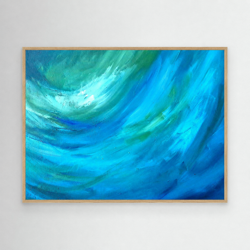 Framed abstract painting with swirling blue and green colors on a white wall.