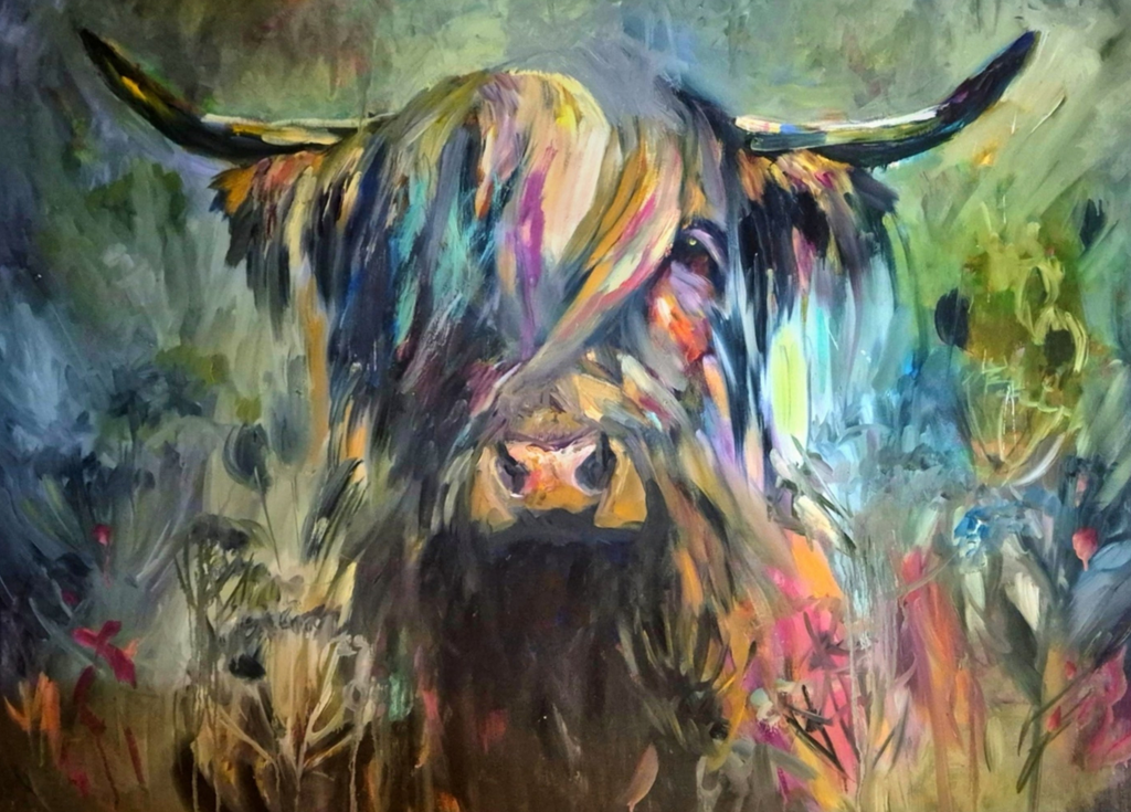 Colorful abstract painting of a highland cow