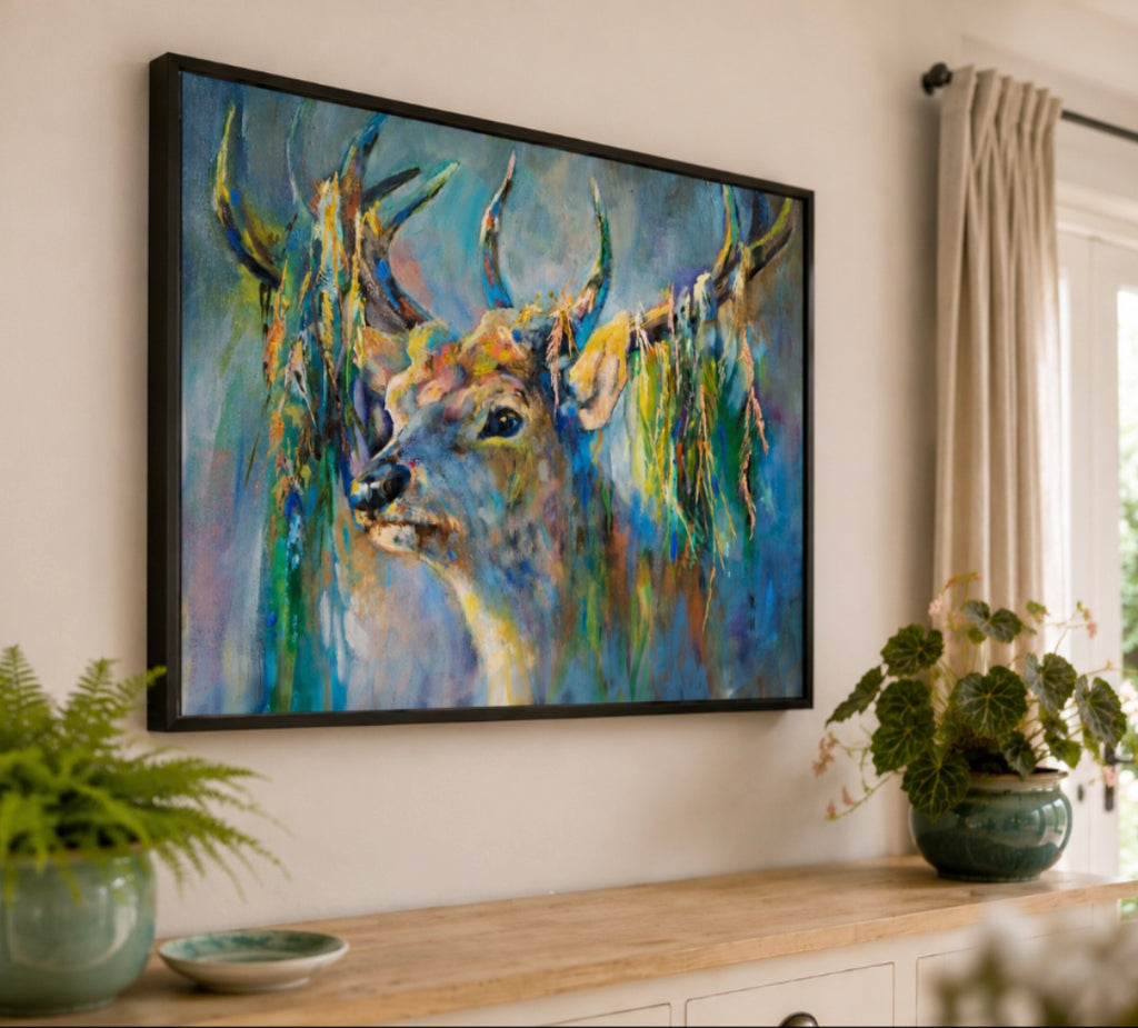 Gerahmte Leinwand "Silberner Hirsch"