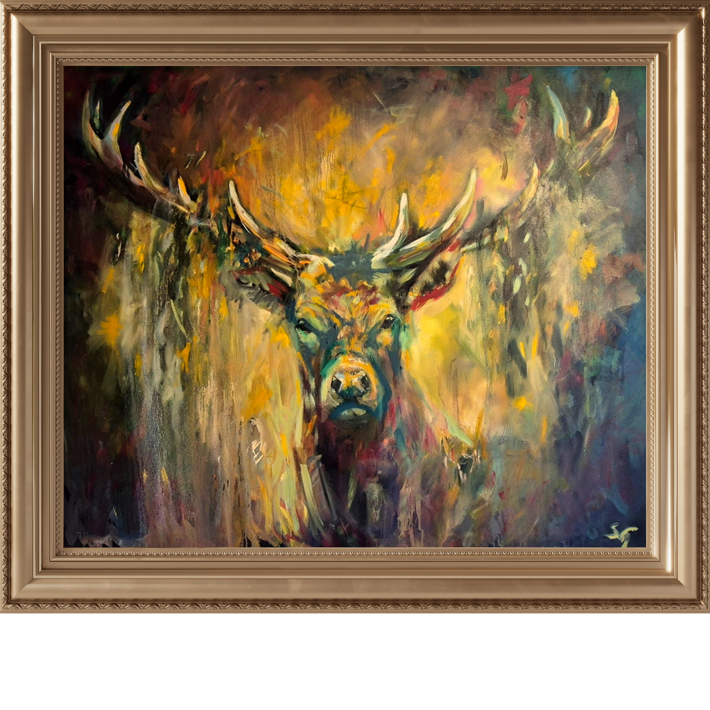 'Undefeated' Original Red Deer Stag Oil Painting. 120 x 150 cm/48 x 60" - Animal Art by Susan Gardner - Contemporary Expressionist - Colourful Fine Art