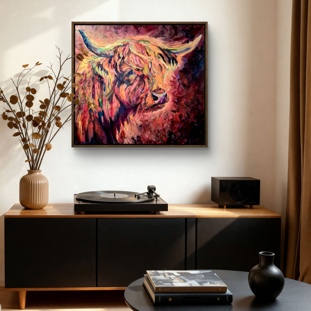 'Sunset at Braemar' - Original Highland Cow Oil Painting-60 x60 cm \ 24 x 24" - Animal Art by Susan Gardner - Contemporary Expressionist - Colourful Fine Art