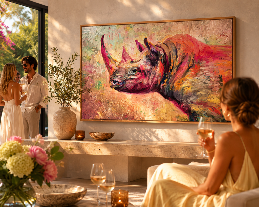 Woman sitting in a modern living room with a colorful rhino painting on the wall.