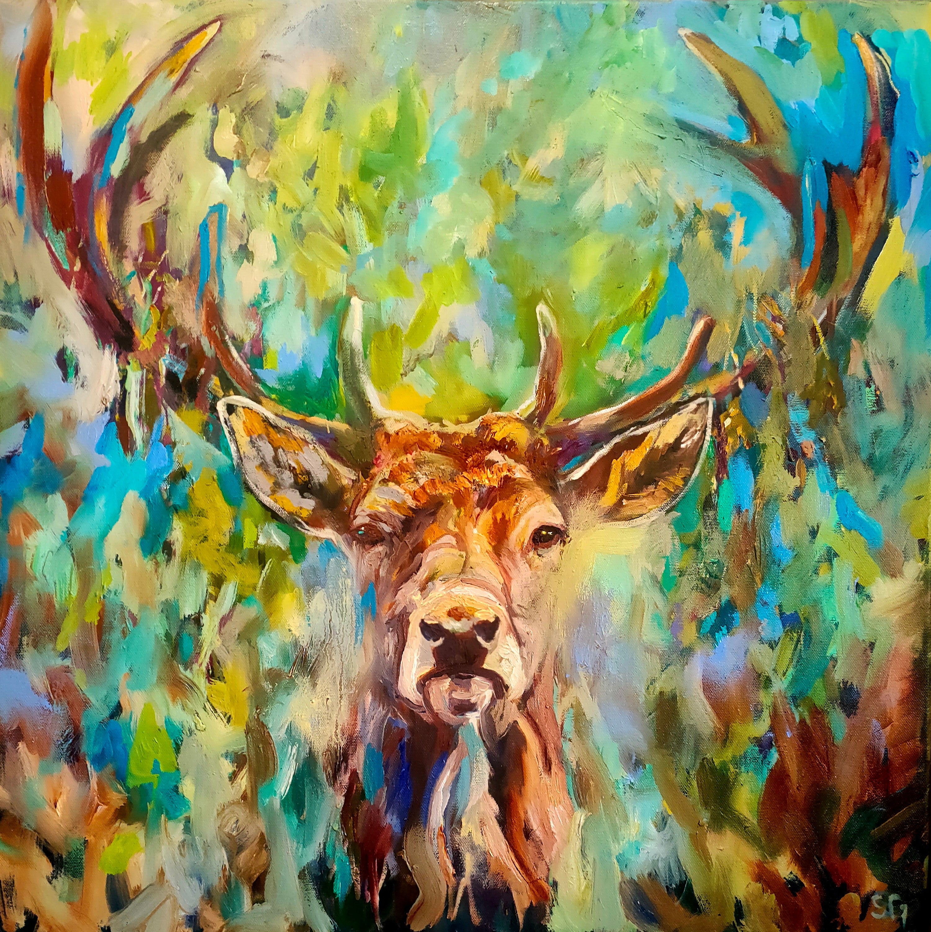 Sold* Dante - Original Stag Oil Painting - 60 x 60 cm /24 x 24 “ - Animal Art by Susan Gardner - Contemporary Expressionist - Colourful Fine Art
