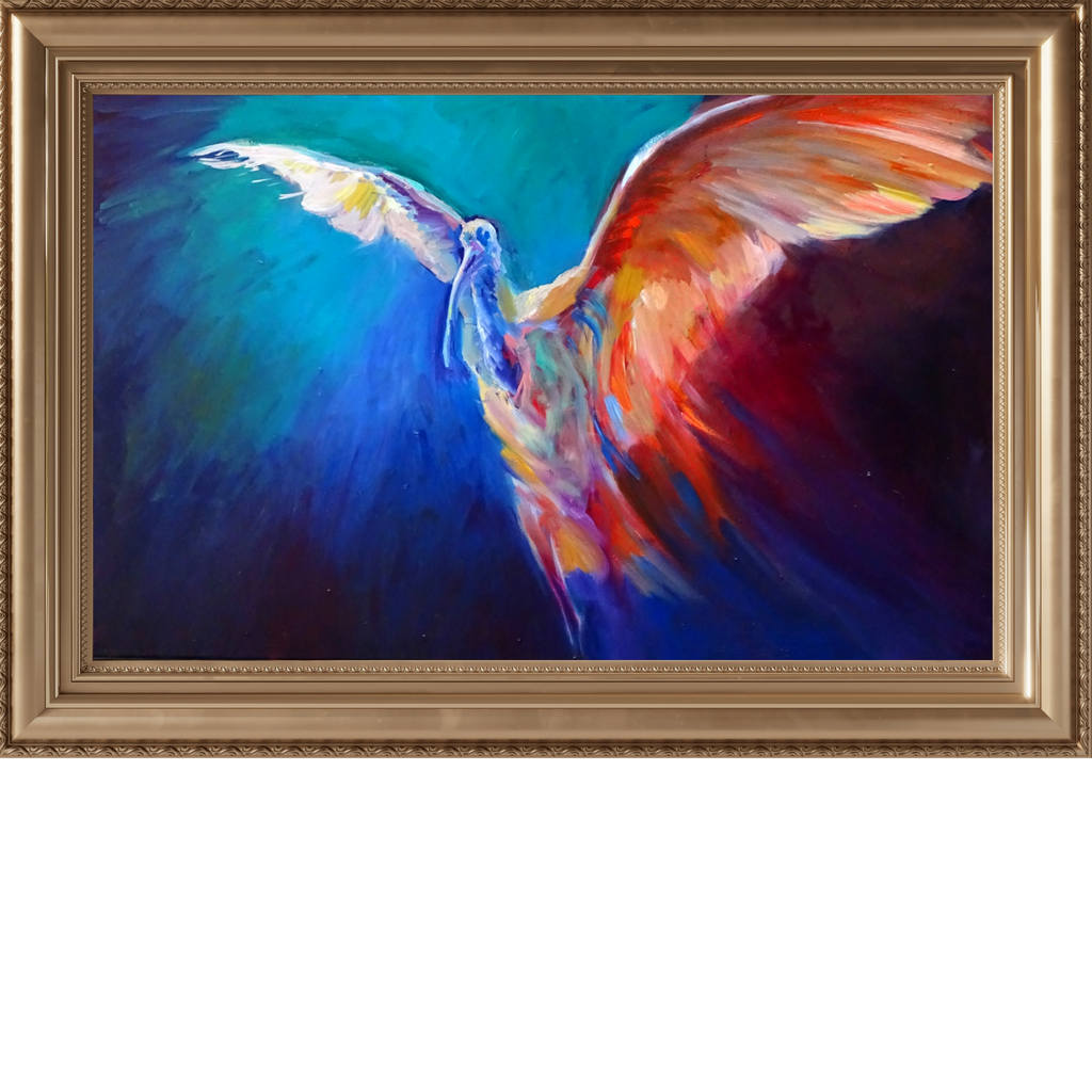 'Wing of Fire' - Scarlet Ibis Oil Painting on Canvas- 50 x 80 cm /20 x 36" - Animal Art by Susan Gardner - Contemporary Expressionist - Colourful Fine Art