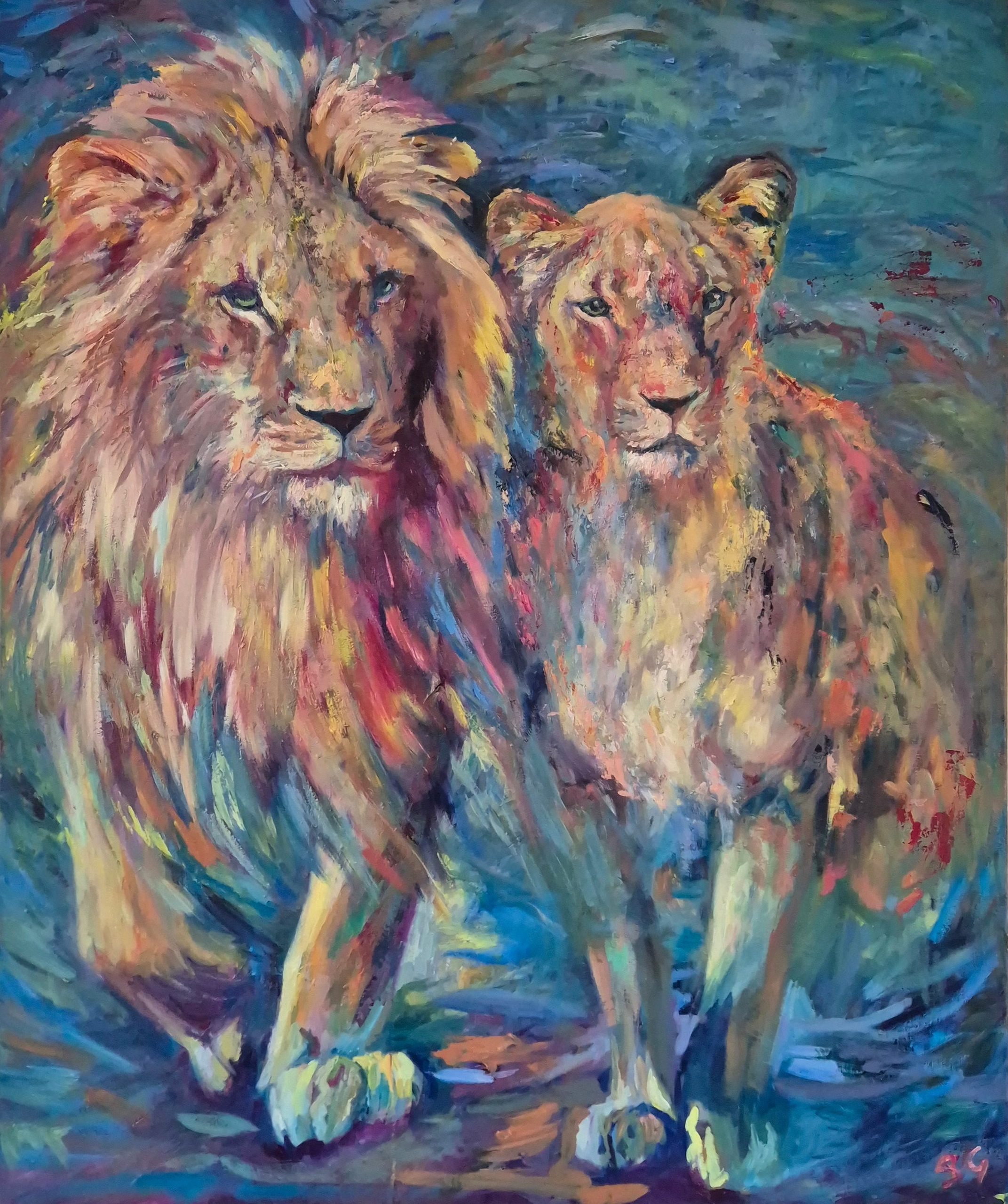 'Shared Horizon' Oil Painting 120 x 100 cm - Animal Art by Susan Gardner - Contemporary Expressionist - Colourful Fine Art