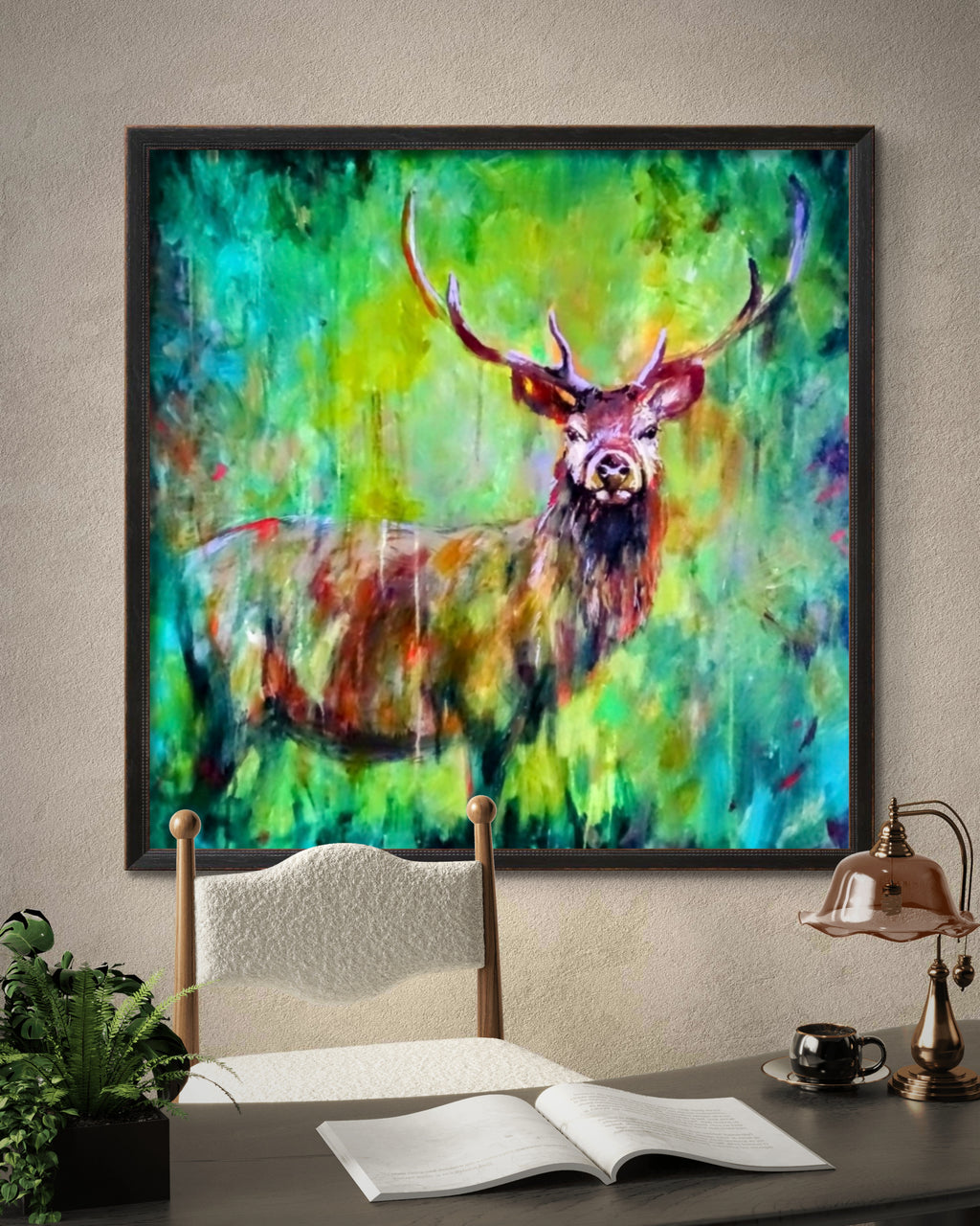 Forest Stag Framed Canvas - Animal Art by Susan Gardner - Contemporary Expressionist - Colourful Fine Art