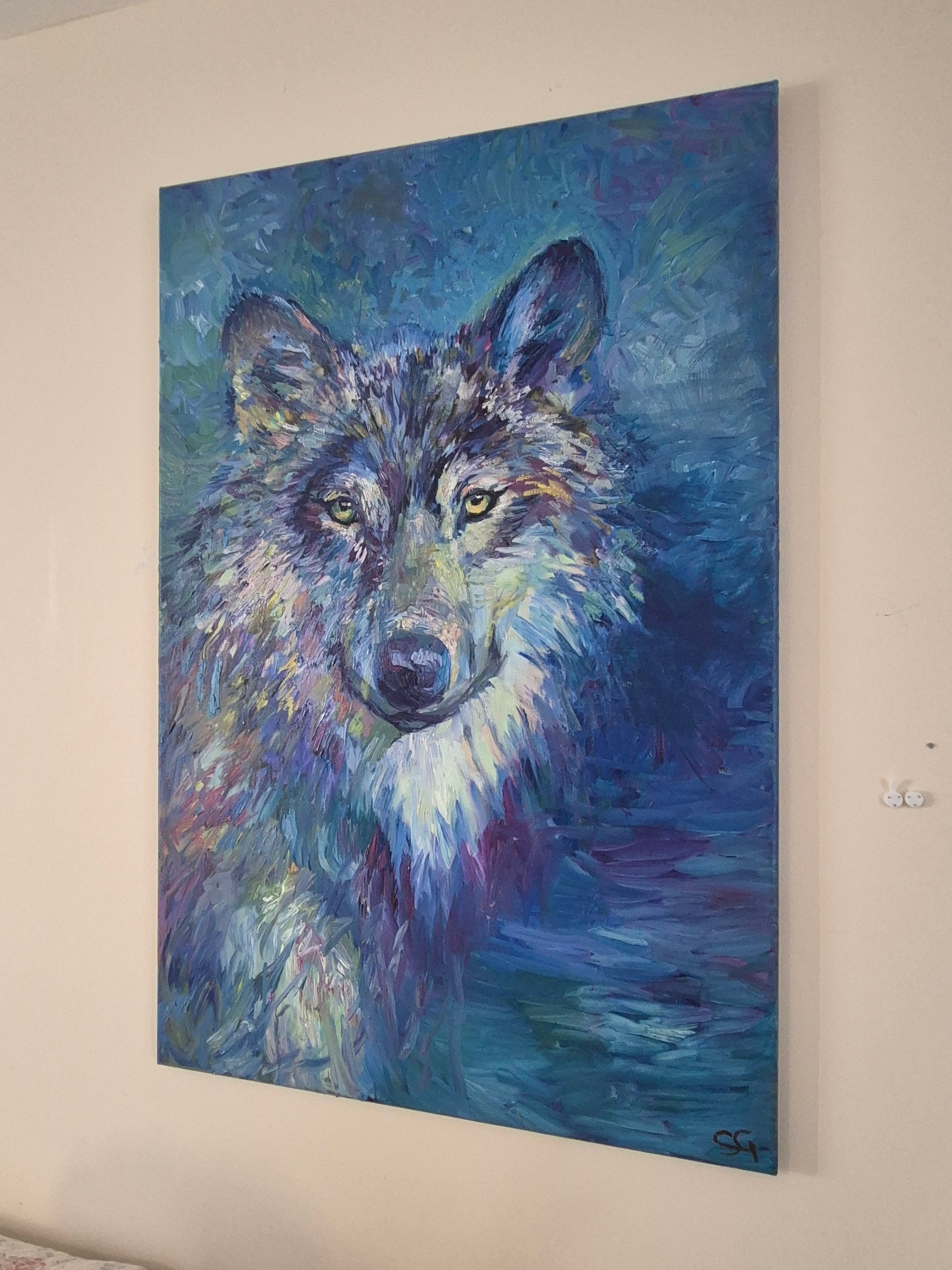 SIGNAL WOLF Original  Oil Painting 60 x 90 cm