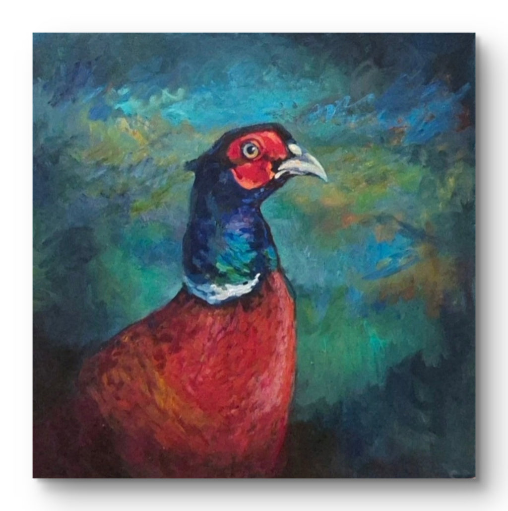Sir Rouge - Original Pheasant Painting in Acrylic and Oil -50 x 50 cm/20 x 20 " - Animal Art by Susan Gardner - Contemporary Expressionist - Colourful Fine Art