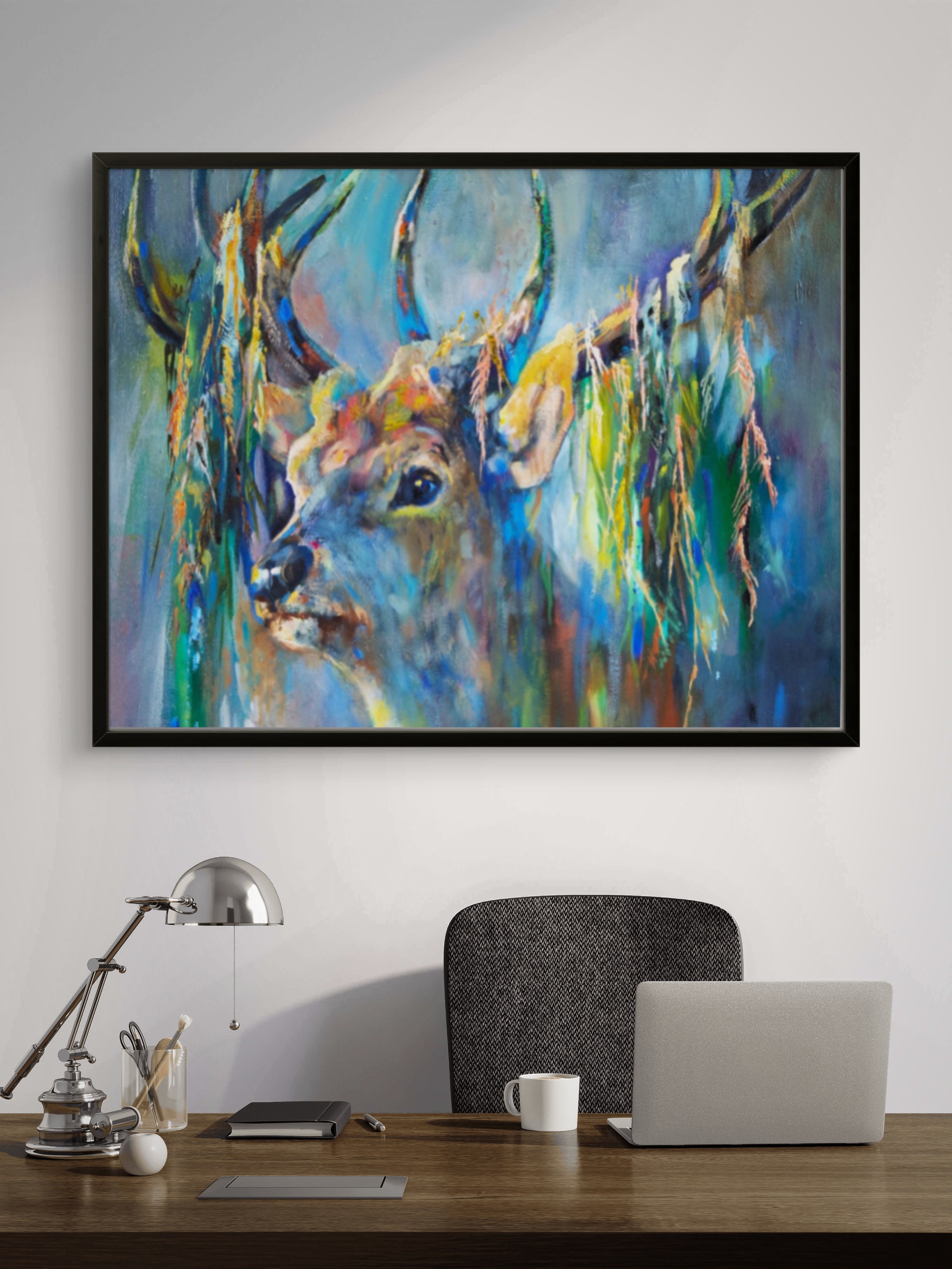 Silver Stag Framed Canvas - Animal Art by Susan Gardner - Contemporary Expressionist - Colourful Fine Art