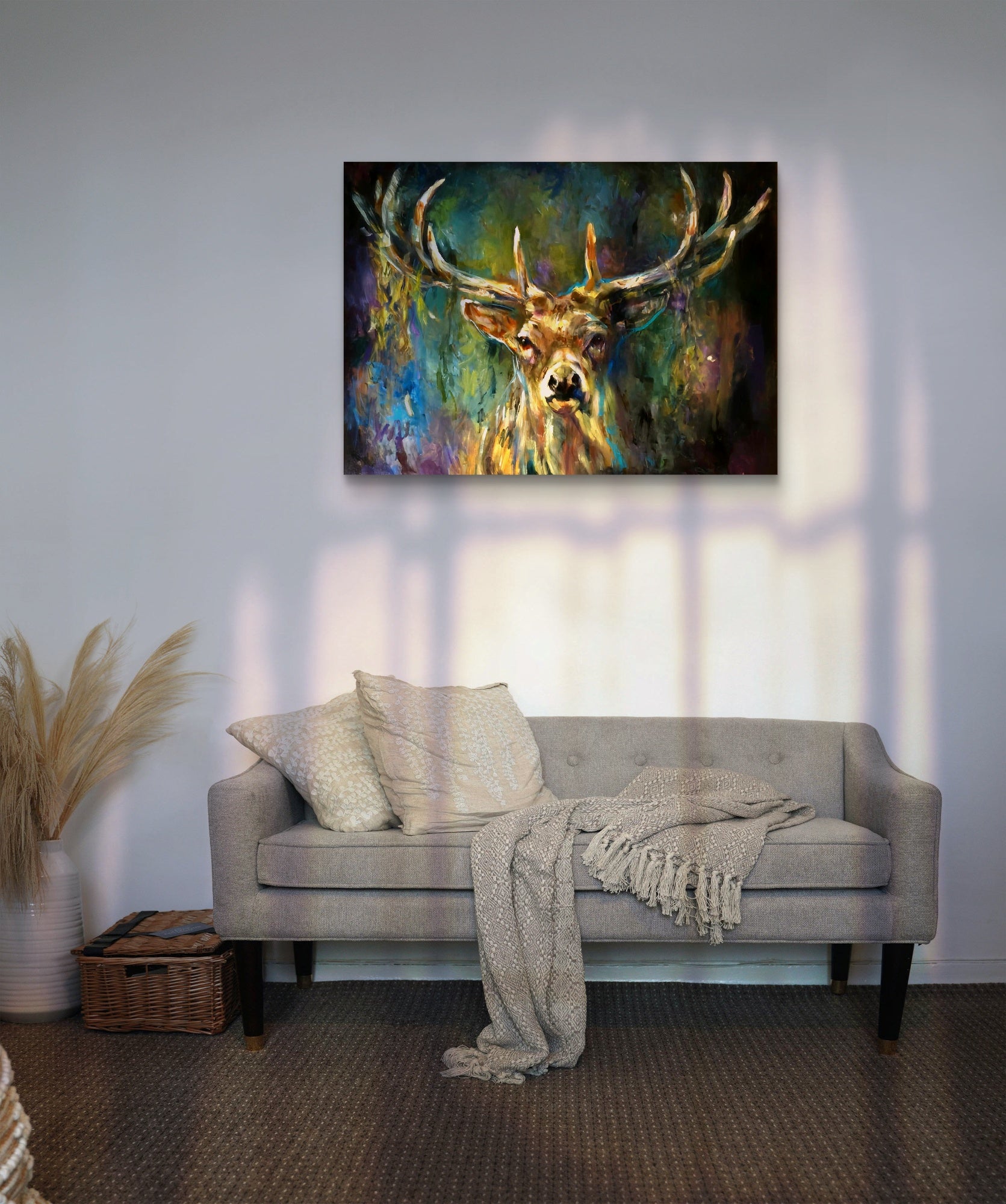 'In the Light' - Original Stag Painting 60 x 80 cm - Animal Art by Susan Gardner - Contemporary Expressionist - Colourful Fine Art