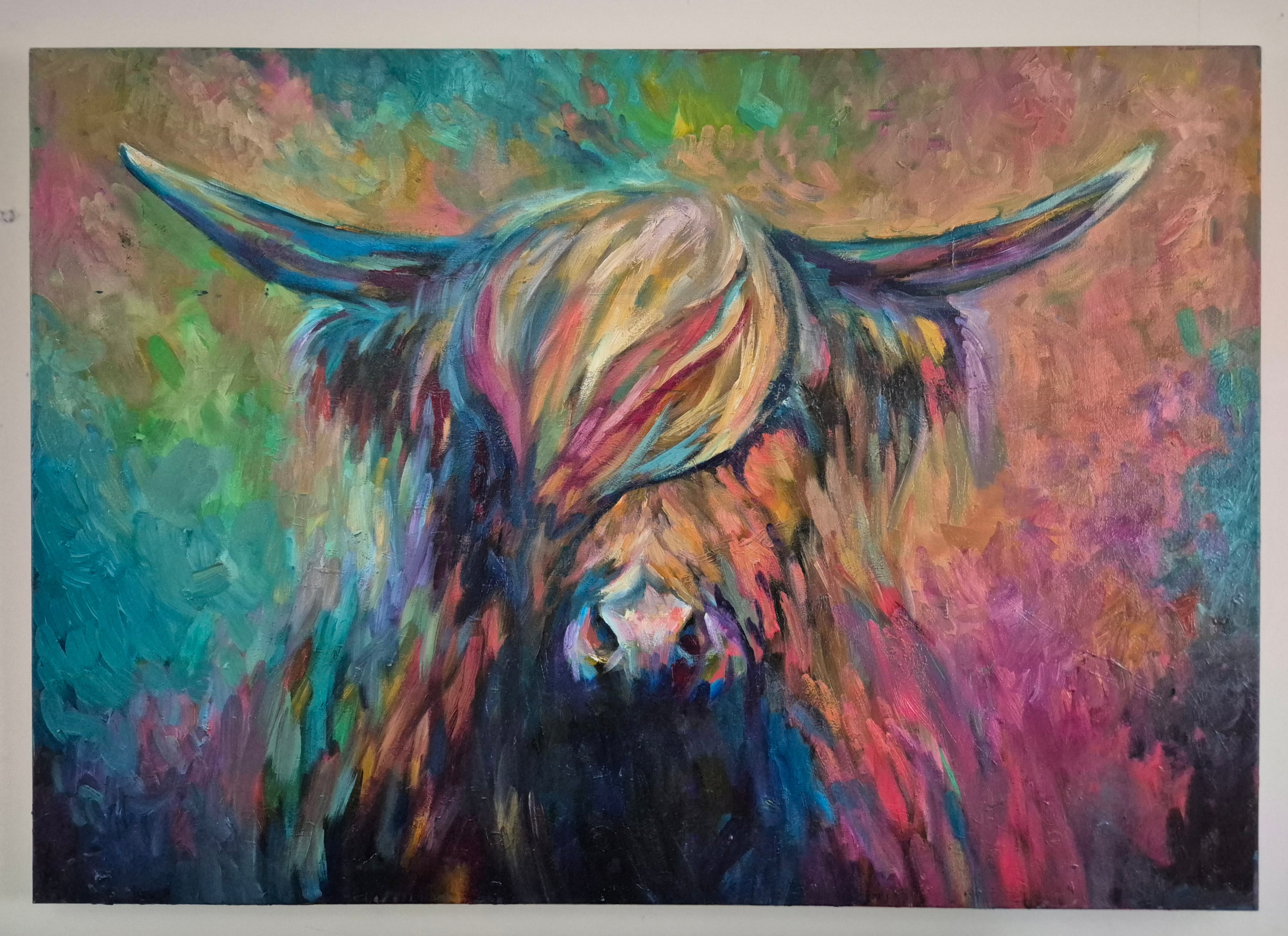 BALLANTINE Original Rainbow Highland Cow Oil Painting 100 x 70 cm