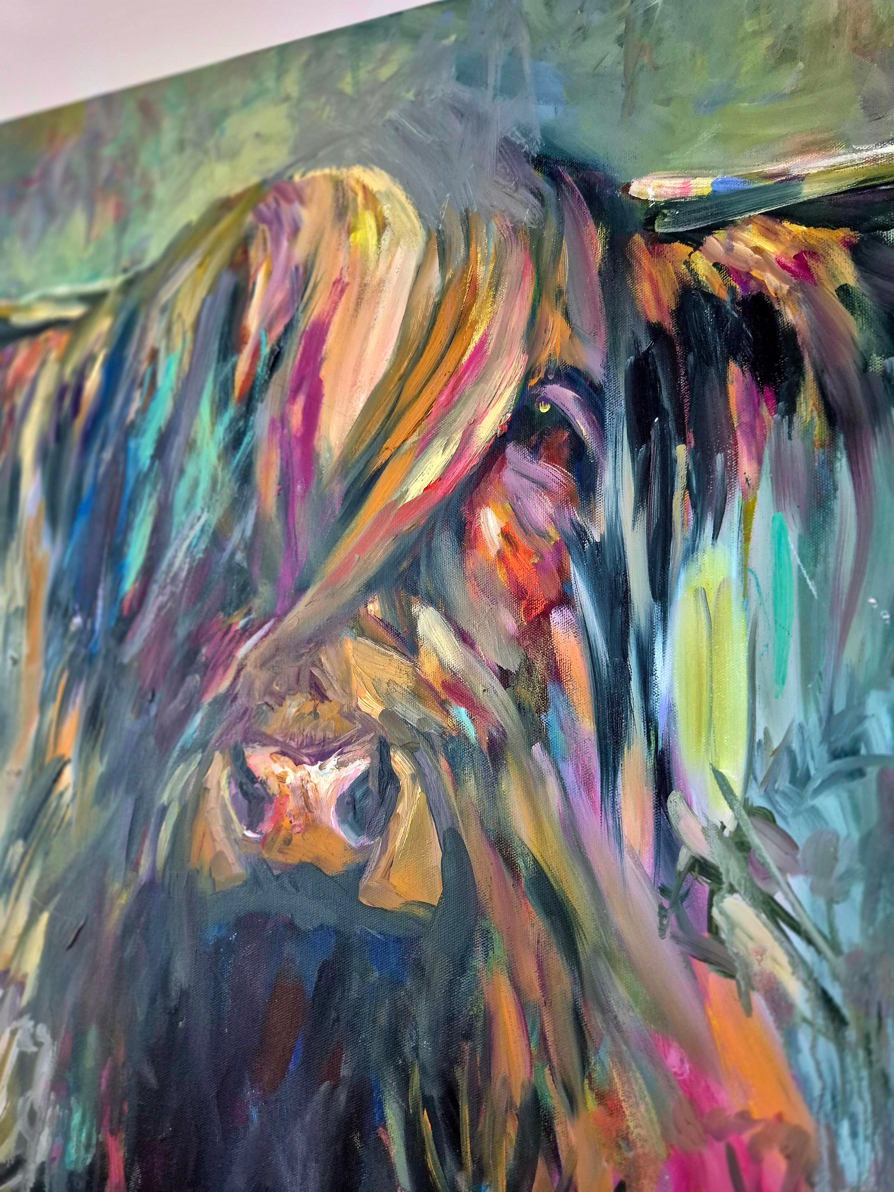 "Bei der Tat ertappt" Original Highland Cow Ölgemälde. 80 x 100 cm/30 x 40 Zoll